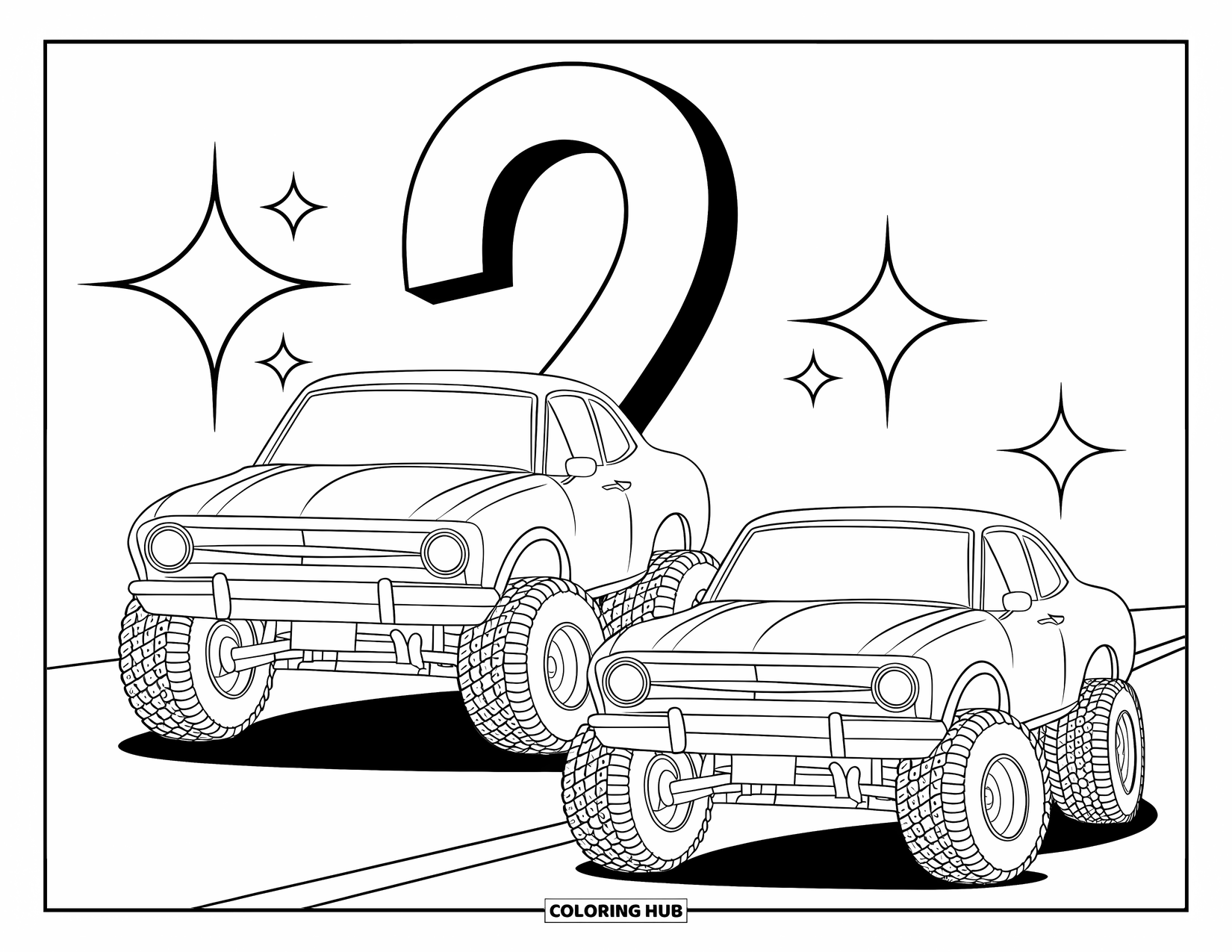 Raceauto Kleurplaat voor Kinderen: Twee auto's met grote banden staan op een weg met glitters en een groot nummer 2