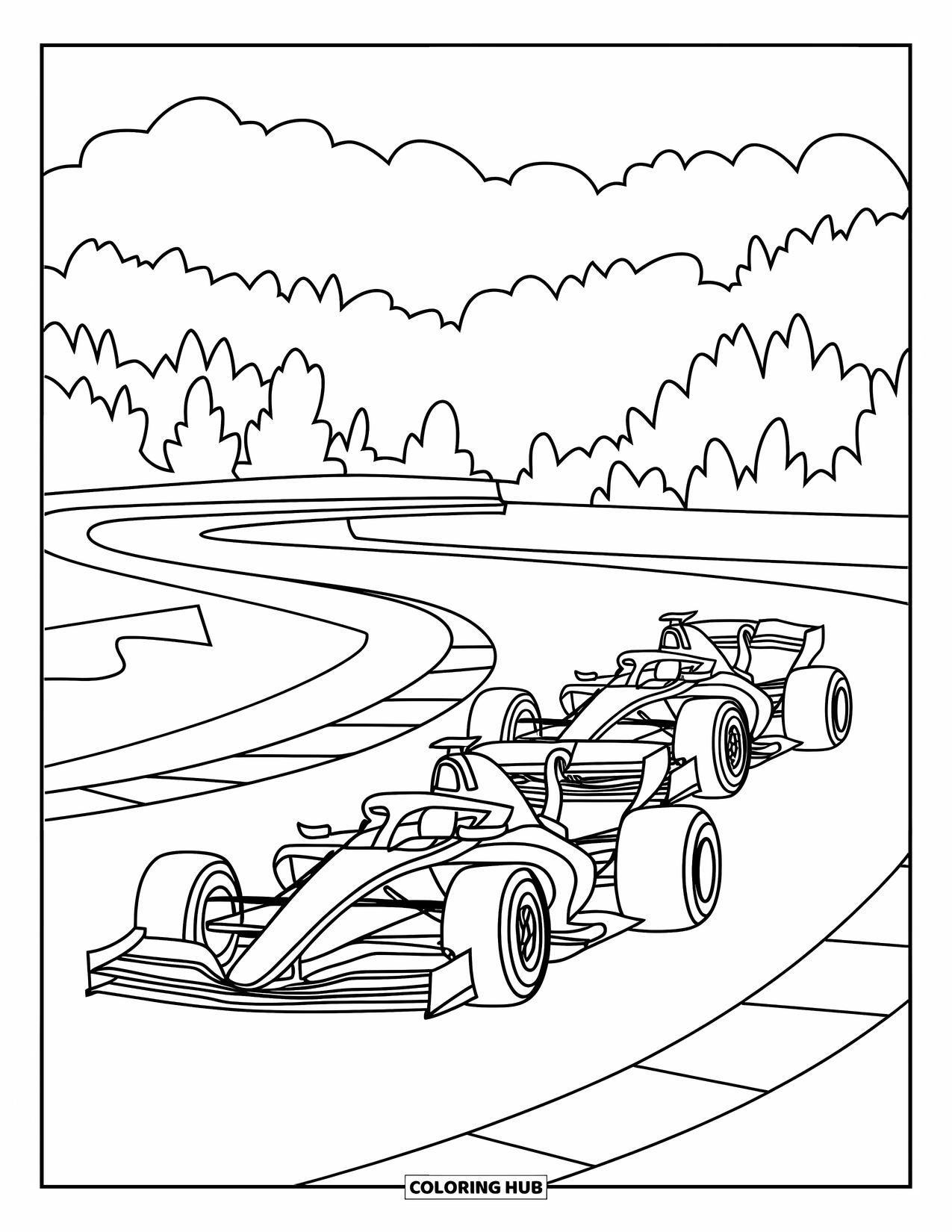Raceauto Kleurplaat voor Kinderen: Twee raceauto's strijden zij aan zij op een bochtig circuit door een bos
