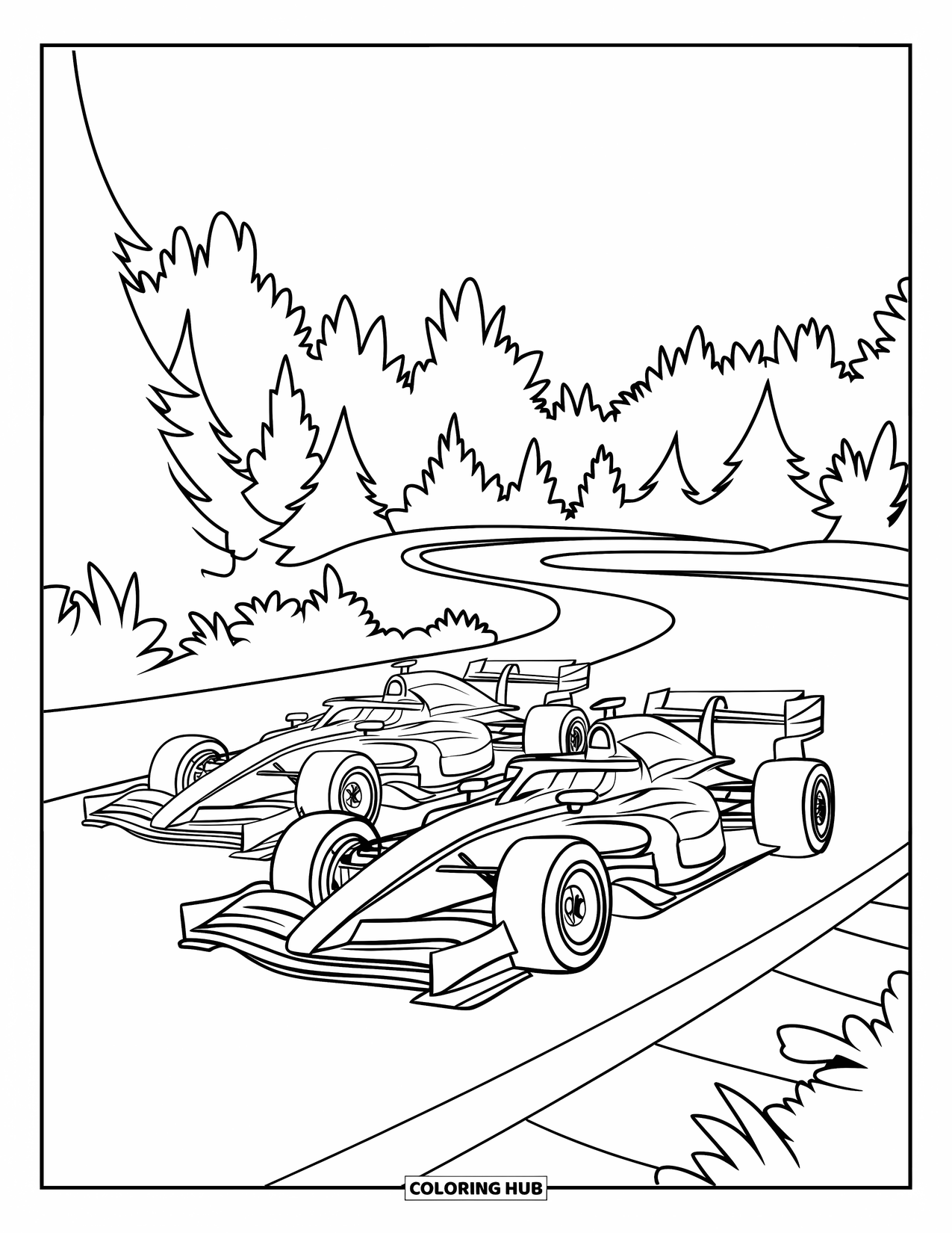 Kleurplaat raceauto voor kinderen: Twee raceauto's racen samen op een bochtig circuit omgeven door bomen en open ruimte