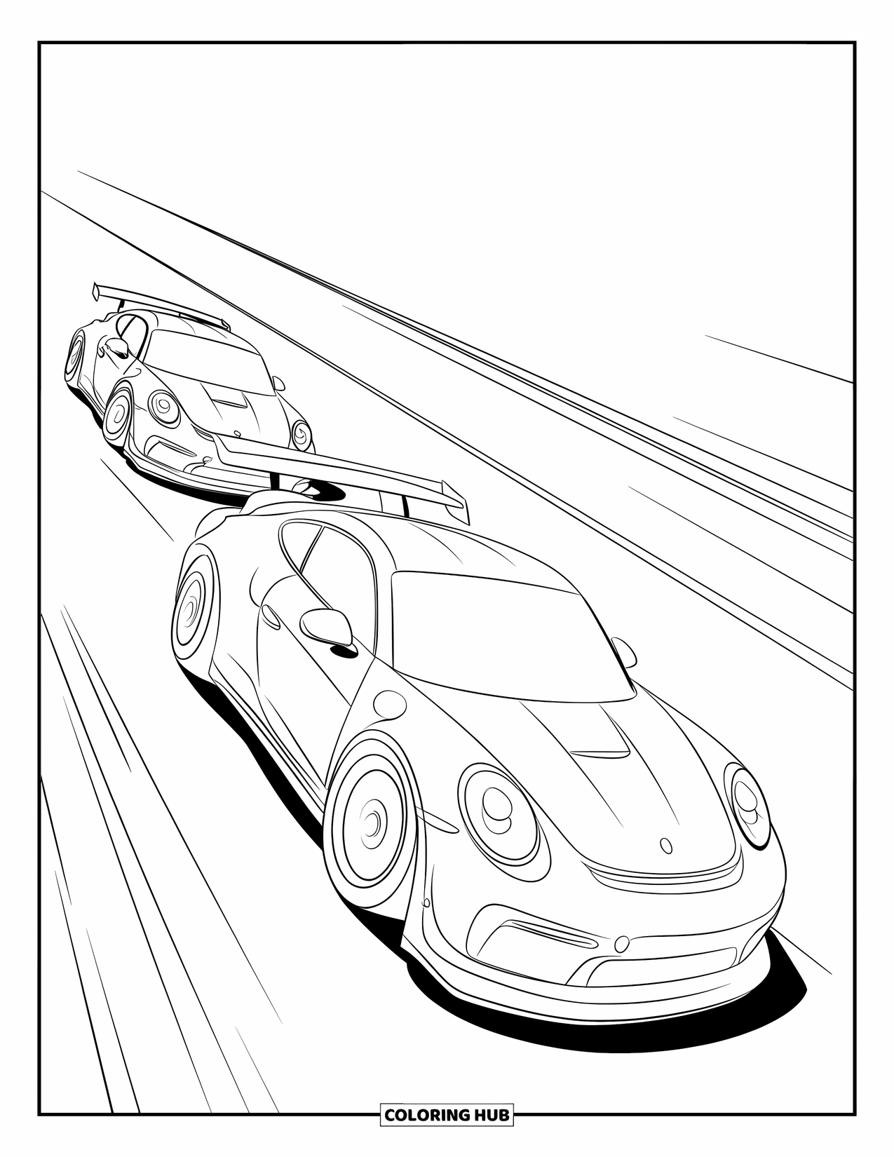 Raceauto Kleurplaat voor Kinderen: Twee raceauto's scheuren over een recht circuit met strakke lijnen en een moderne stijl