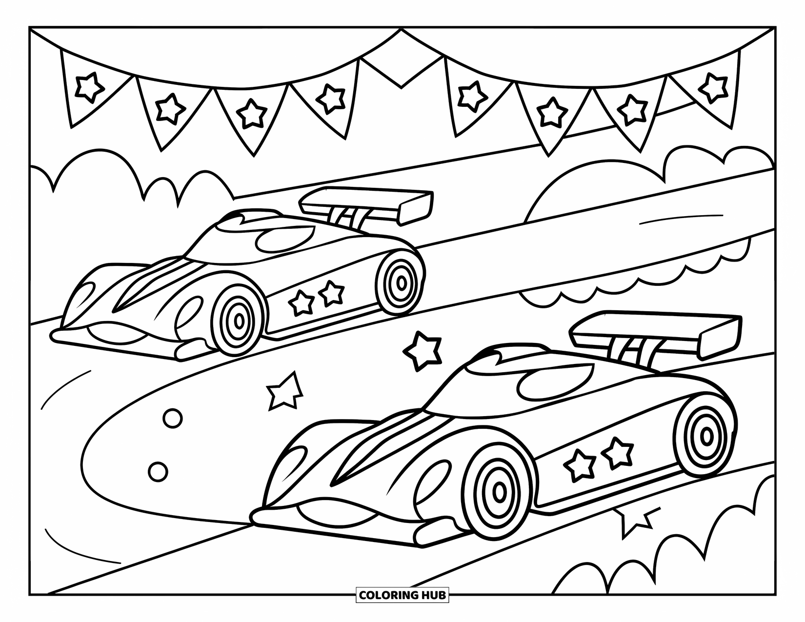 Raceauto Kleurplaat voor Kinderen: Twee raceauto's met sterren en banners racen op een bochtig circuit met leuke details