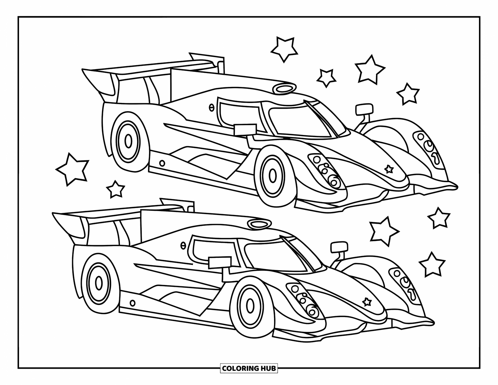 Raceauto Kleurplaat voor Kinderen: Twee raceauto's met sterren en leuke vormen eromheen racen zij aan zij