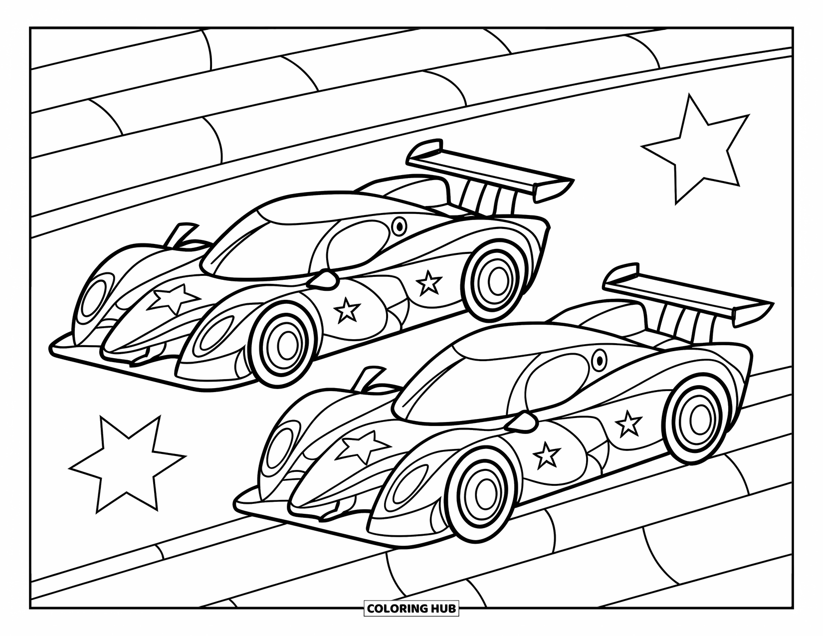 Raceauto Kleurplaat voor Kinderen: Twee raceauto's met sterren rijden op een meerbaans circuit met een heldere achtergrond