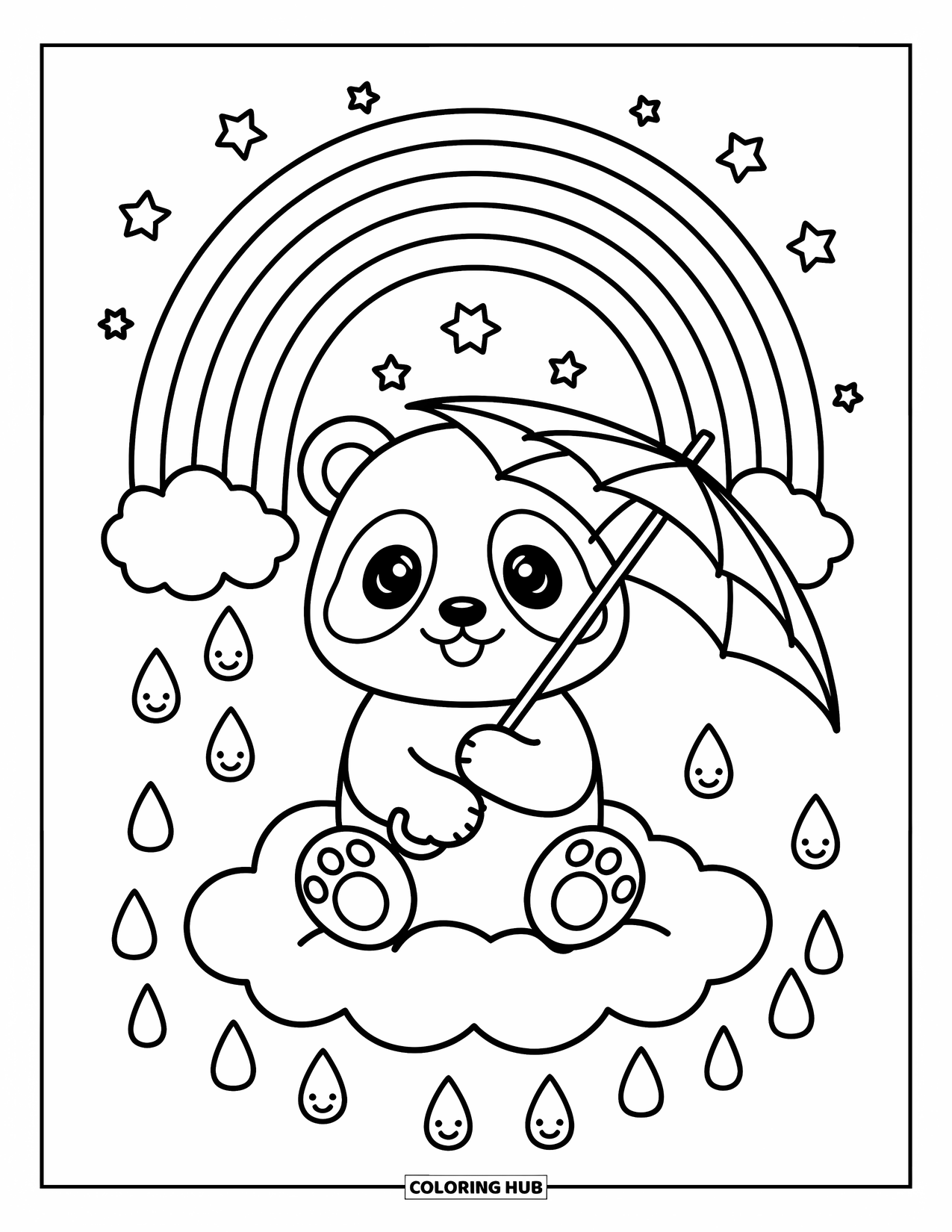 Desen de colorat cu curcubeu pentru adulți: Un pui de panda cu o umbrelă mică stă pe un nor în timp ce stele și picături de ploaie sclipesc în apropiere