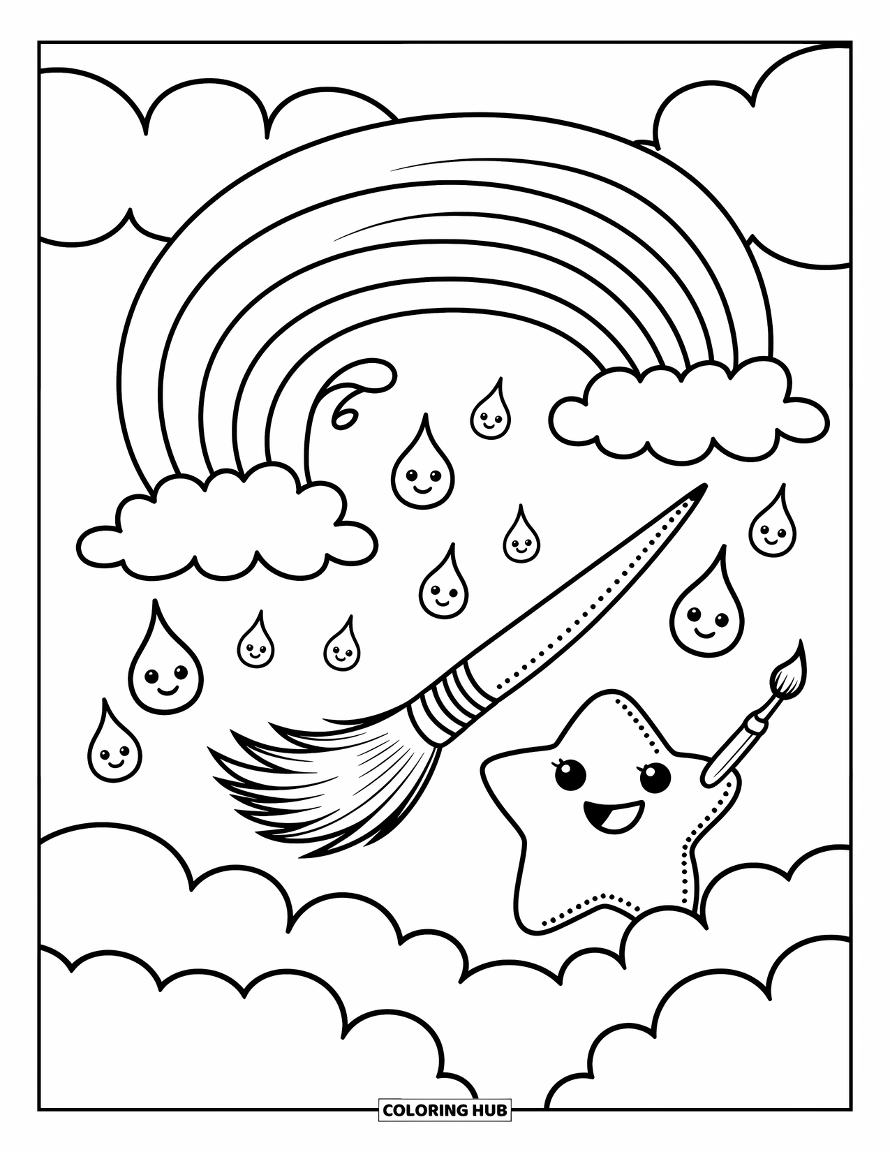 Desen de colorat cu curcubeu pentru adulți: O stea mică întinde o pensulă mică pentru a ajuta la crearea unui curcubeu strălucitor