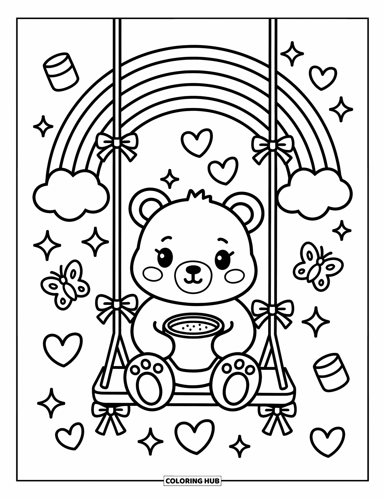 Desen de colorat cu curcubeu pentru adulți: Un urs care ține cacao se leagănă de un curcubeu în timp ce inimioare sclipitoare și fluturi dansează în jur