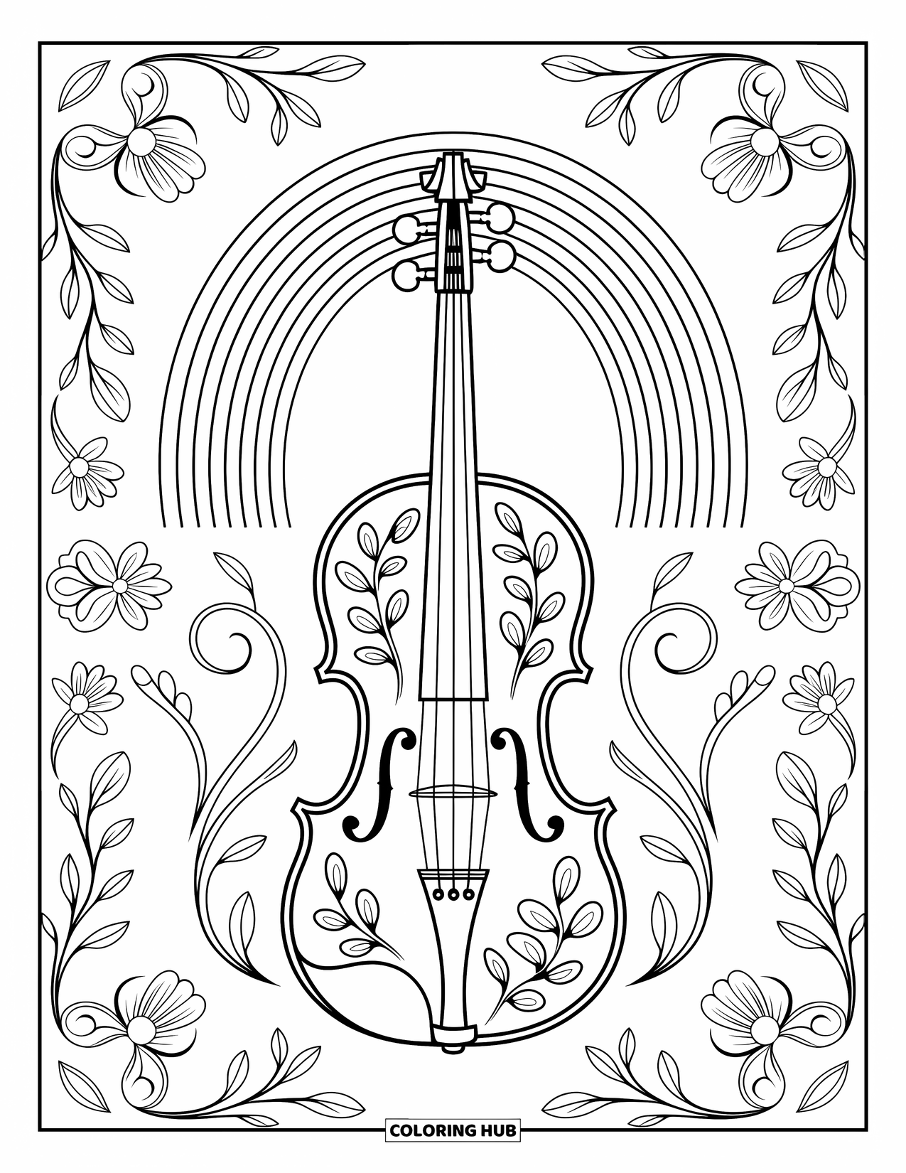 Desen de colorat cu curcubeu pentru adulți: O vioară frumos detaliată, cu motive florale, este încadrată de vițe complicate și un curcubeu delicat