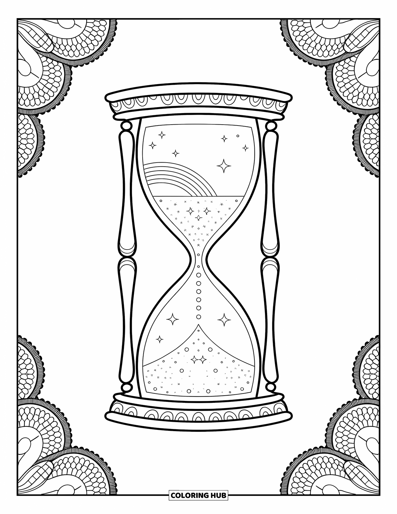 Desen de colorat cu curcubeu pentru adulți: Turnurile impunătoare ale unei catedrale și detaliile vitraliilor sunt încadrate de modele elegante, complicate