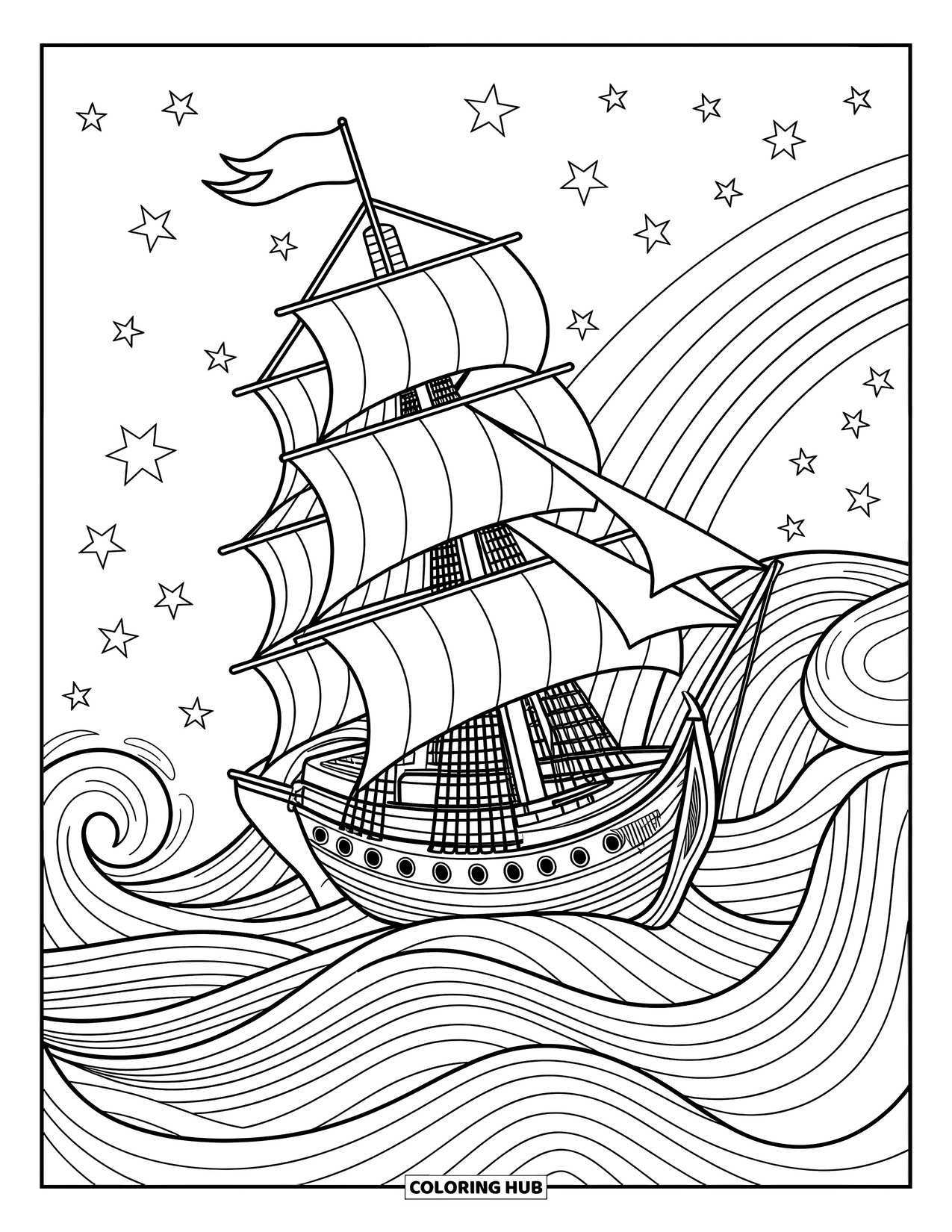 Desen de colorat cu curcubeu pentru adulți: O navă celestă navighează de-a lungul unei căi curcubeu, înconjurată de valuri rotitoare și stele strălucitoare