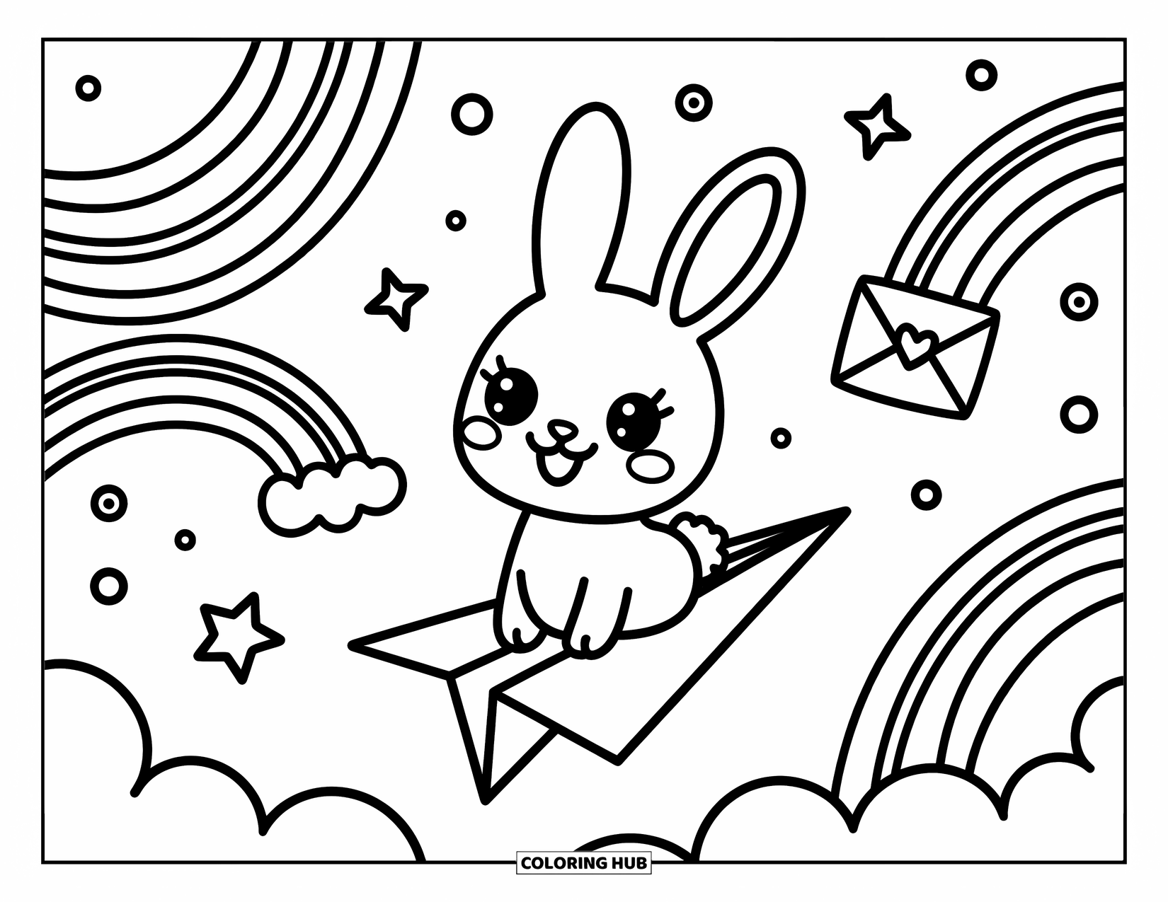 Desen de colorat cu curcubeu pentru adulți: Un iepuraș vesel călărește un avion mic de hârtie, zburând printr-un cer de dâre curcubeu rotitoare