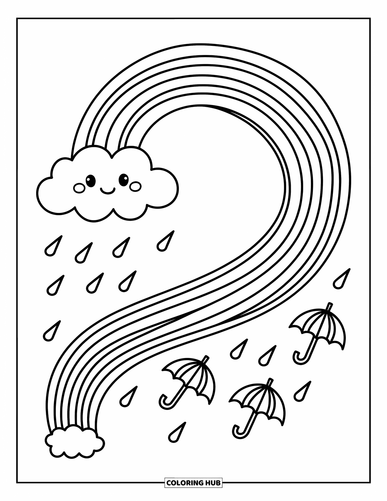 Desen de colorat cu curcubeu pentru adulți: Respirația blândă a unui nor formează un curcubeu ca o panglică, în timp ce picături de ploaie mici care țin umbrele plutesc în jos