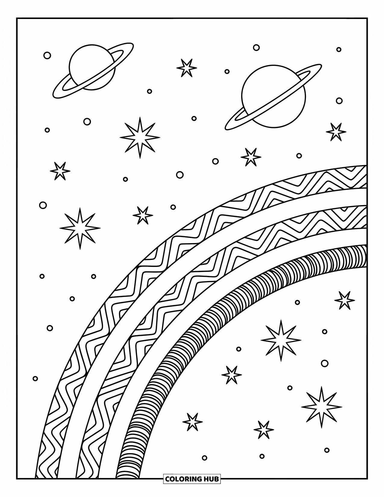 Desen de colorat cu curcubeu pentru adulți: Un curcubeu cosmic se arcuiește pe un cer înstelat, înconjurat de planete rotitoare și modele elegante