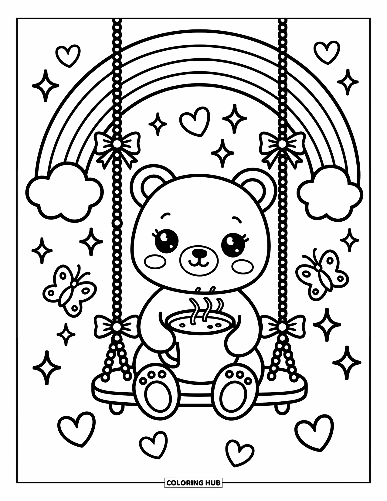 Desen de colorat cu curcubeu pentru adulți: Un urs confortabil stă pe un leagăn curcubeu, sorbind cacao în timp ce fluturi flutură în apropiere