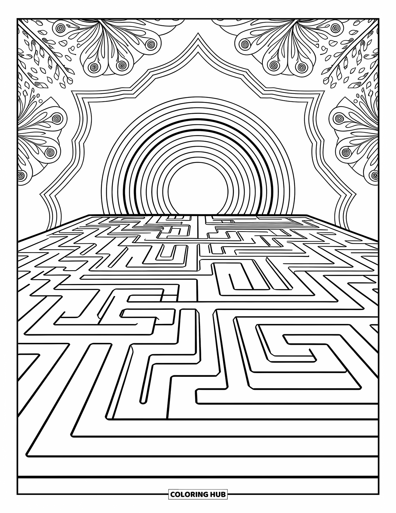 Desen de colorat cu curcubeu pentru adulți: Un labirint detaliat de pasaje elegante șerpuiește spre un arc curcubeu îndepărtat, strălucitor