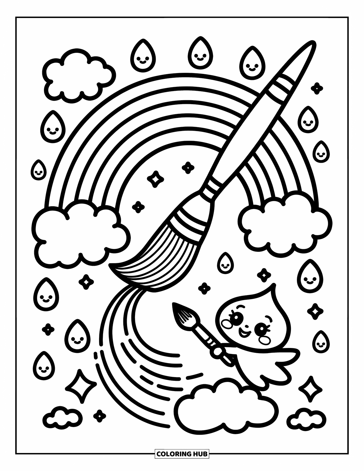 Desen de colorat cu curcubeu pentru adulți: O pensulă plutitoare învârte un curcubeu prin nori pufoși în timp ce picături zâmbitoare se învârt în apropiere