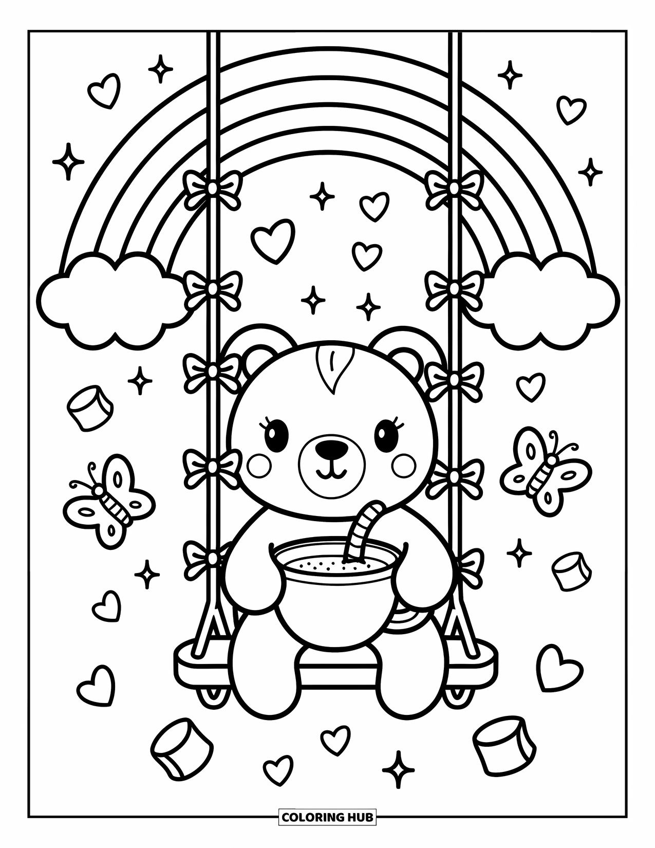 Desen de colorat cu curcubeu pentru adulți: Un urs fericit pe un leagăn curcubeu urmărește bezele și inimioare plutind prin cer