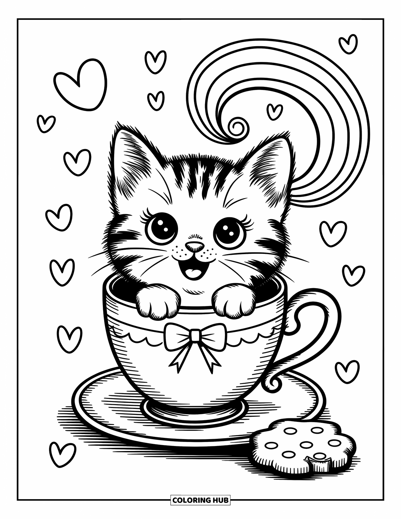 Desen de colorat cu curcubeu pentru adulți: Un pisoi cu un papion mic stă într-o ceașcă de ceai, înconjurat de inimioare și vârtejuri plutitoare