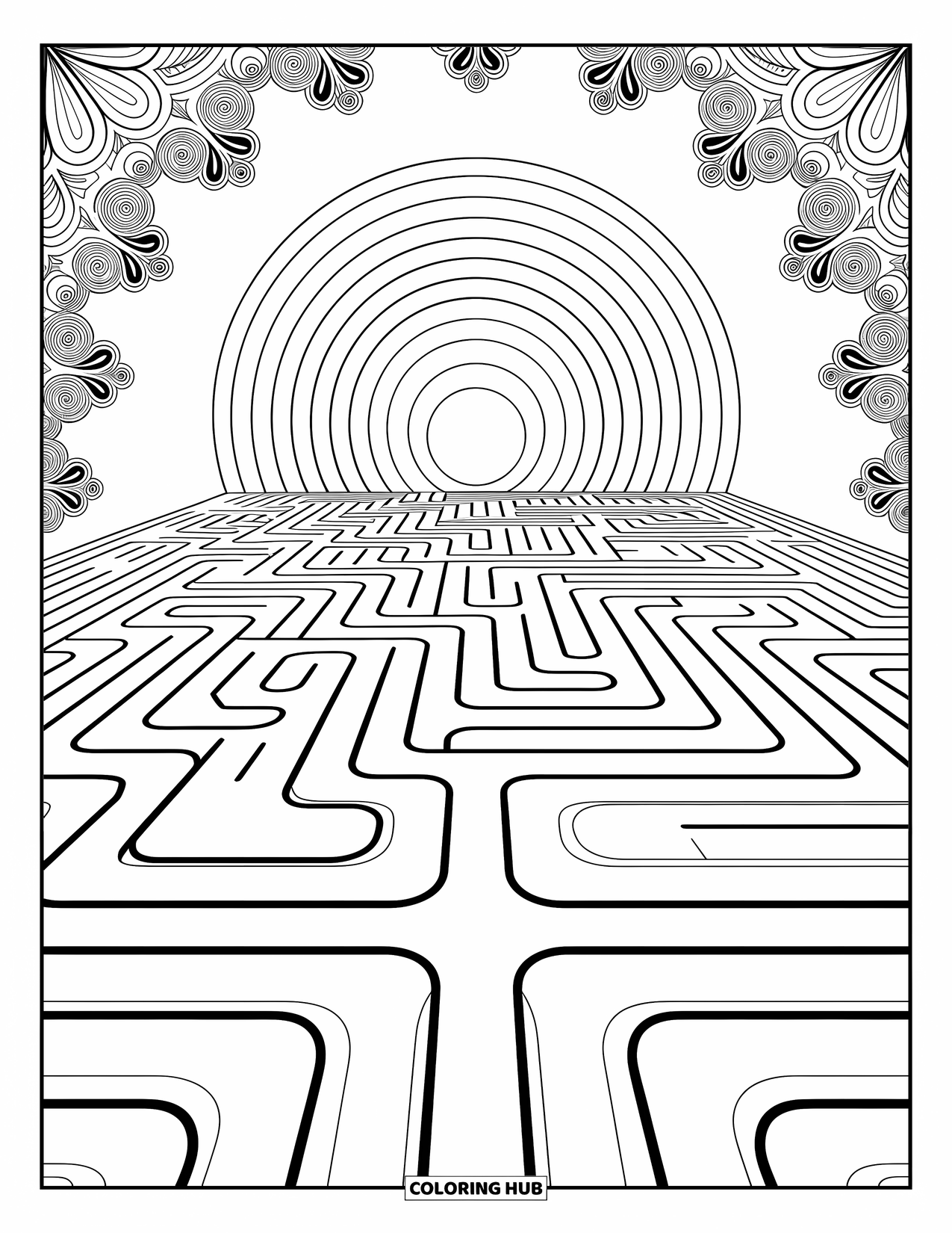 Desen de colorat cu curcubeu pentru adulți: Un labirint de modele rotitoare se desfășoară, ghidând drumul spre un portal curcubeu ascuns