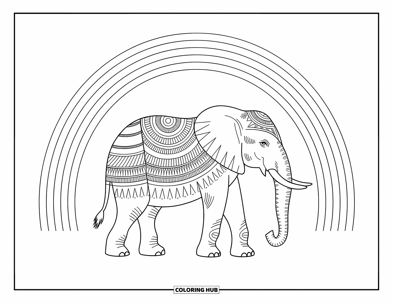Desen de colorat cu curcubeu pentru adulți: Un elefant mare, decorat cu modele complicate, stă sub un curcubeu strălucitor