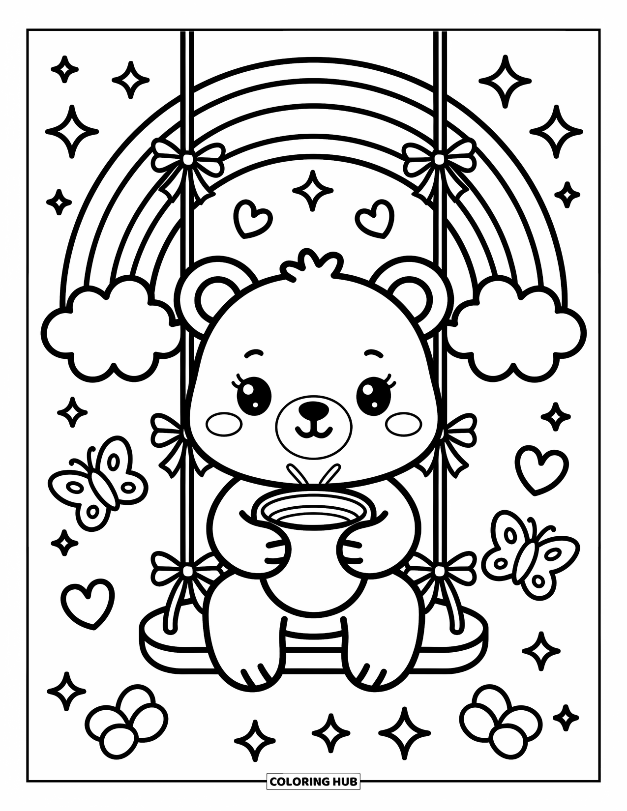 Desen de colorat cu curcubeu pentru adulți: Un ursuleț se bucură de cacao caldă pe un leagăn curcubeu în timp ce bezele plutesc pe cer