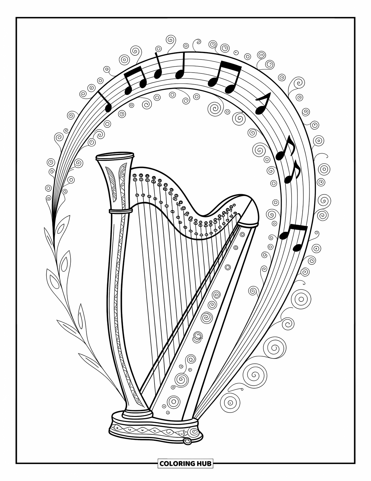 Desen de colorat cu curcubeu pentru adulți: O harpă magică cântă în timp ce note muzicale și vițe se împletesc într-un model curcubeu curgător