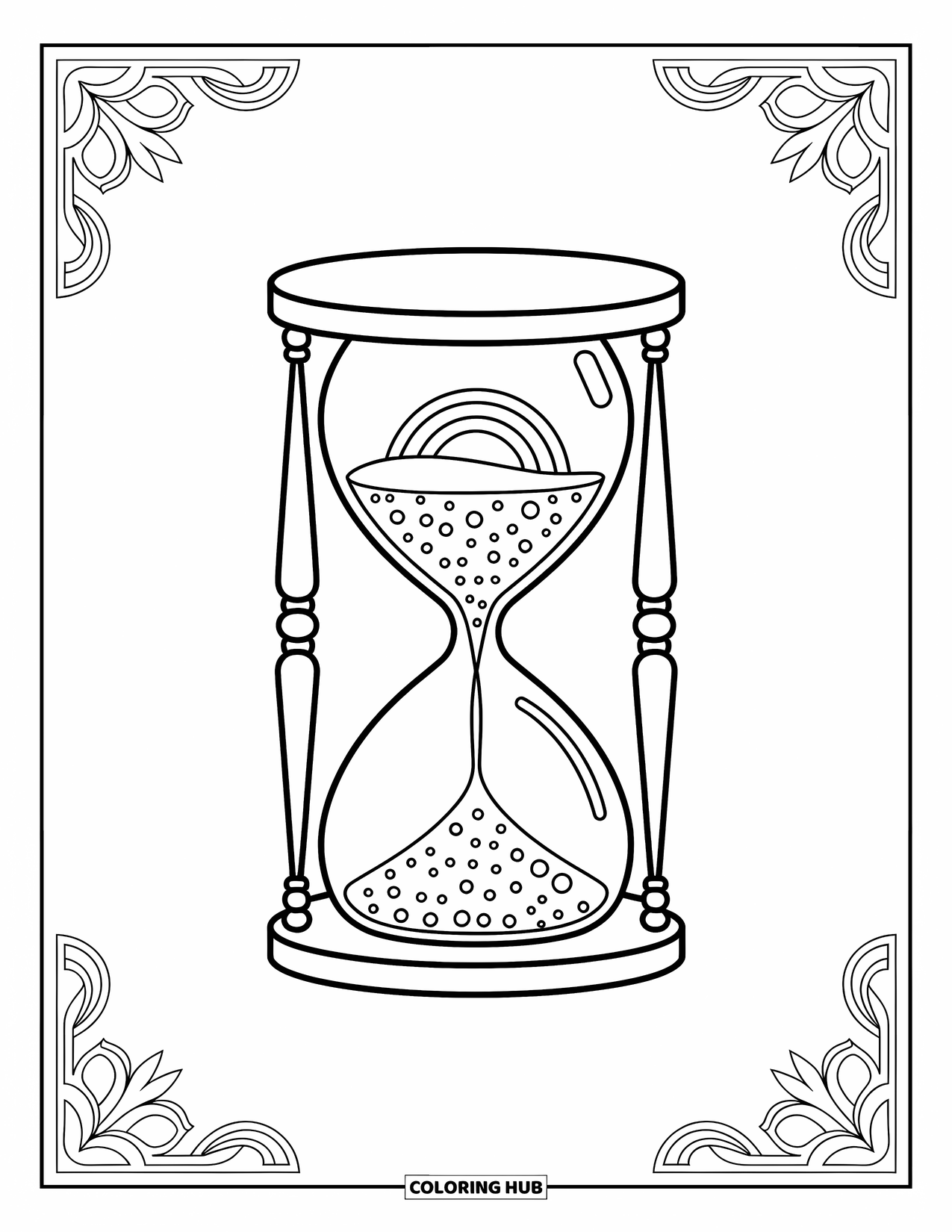 Desen de colorat cu curcubeu pentru adulți: O clepsidră magică, cu modele rotitoare și o cameră umplută cu curcubeu, stă într-un design complex