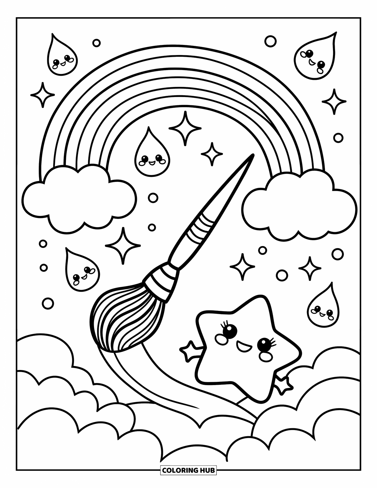 Desen de colorat cu curcubeu pentru adulți: O pensulă magică pictează un curcubeu pe cer în timp ce picături vesele dansează în jur