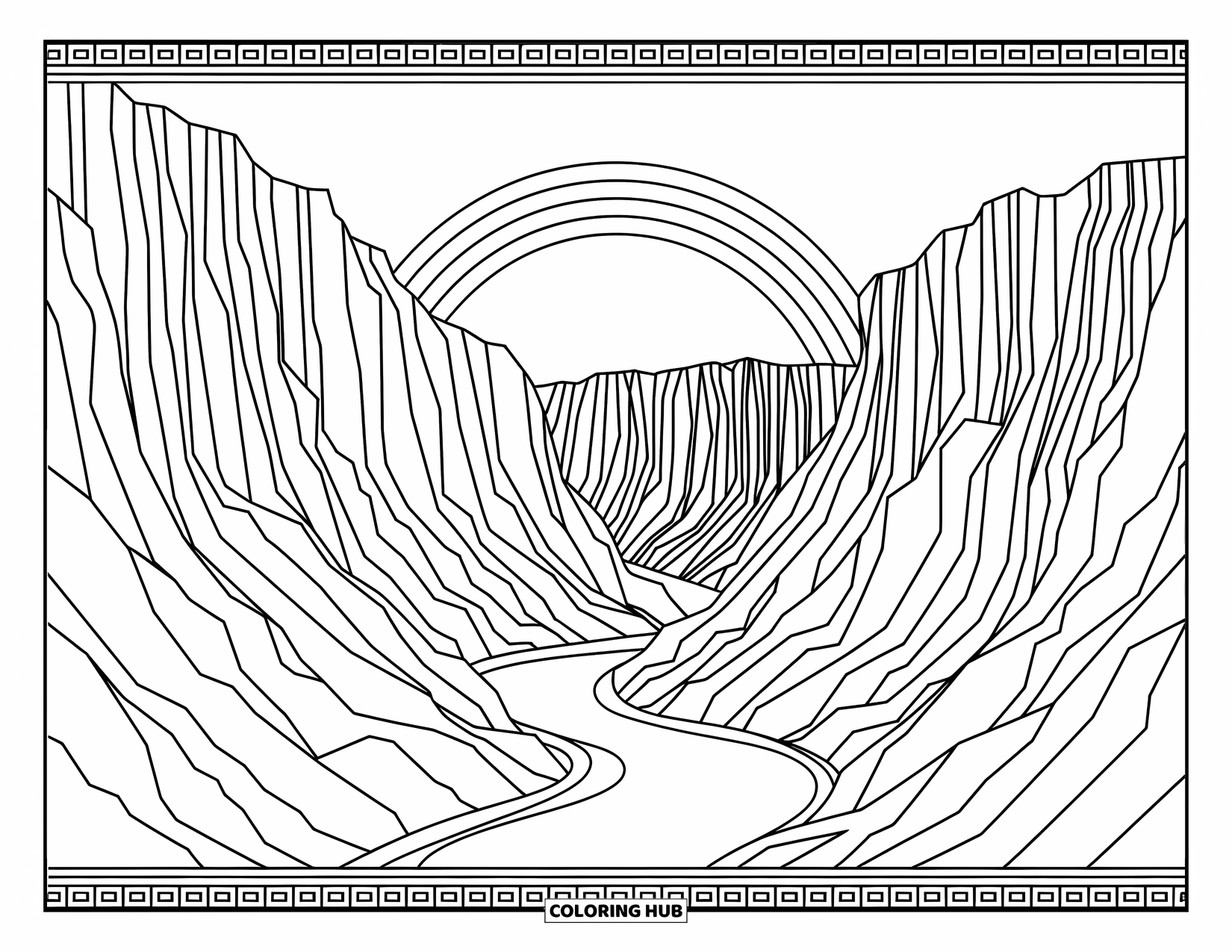 Desen de colorat cu curcubeu pentru adulți: Un canion maiestuos, cu râuri curgătoare și formațiuni stâncoase complicate, este legat de un curcubeu grațios