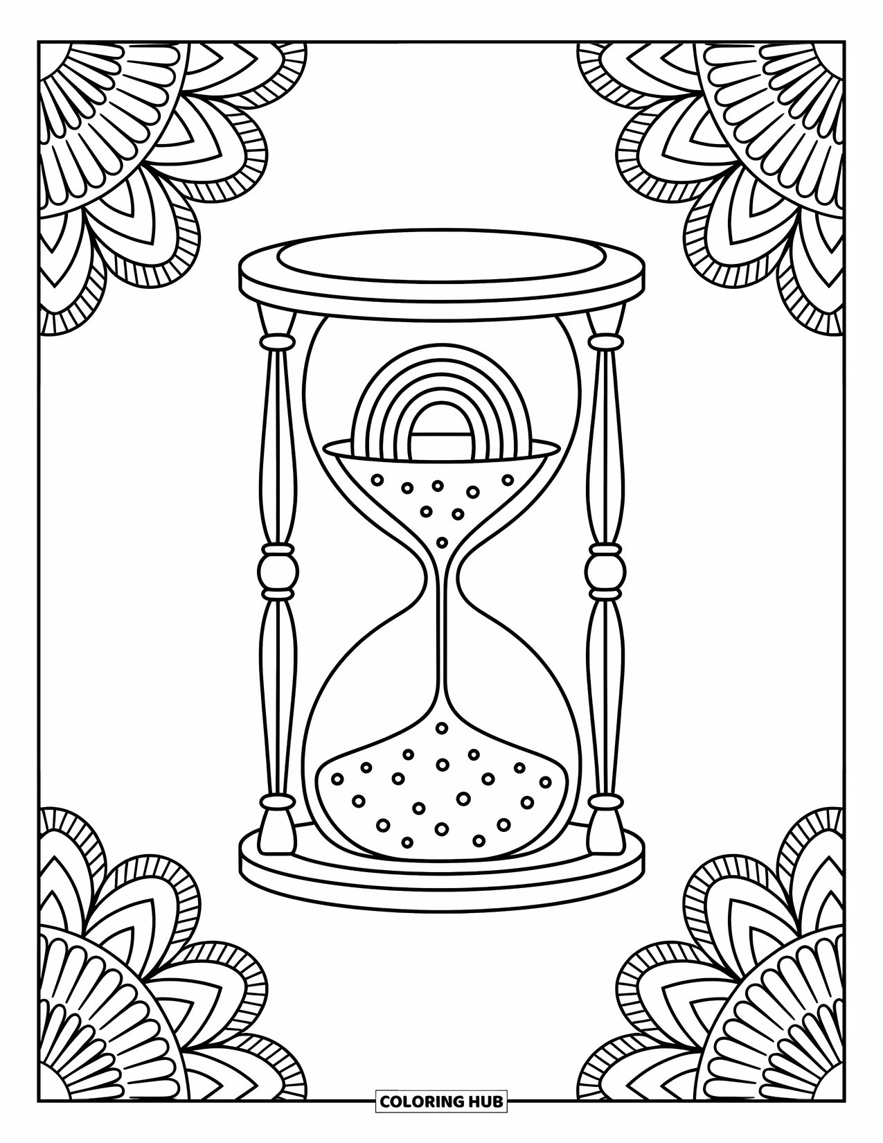 Desen de colorat cu curcubeu pentru adulți: O clepsidră mistică umplută cu nisip curgător ține un arc curcubeu delicat în interiorul camerei sale de sticlă