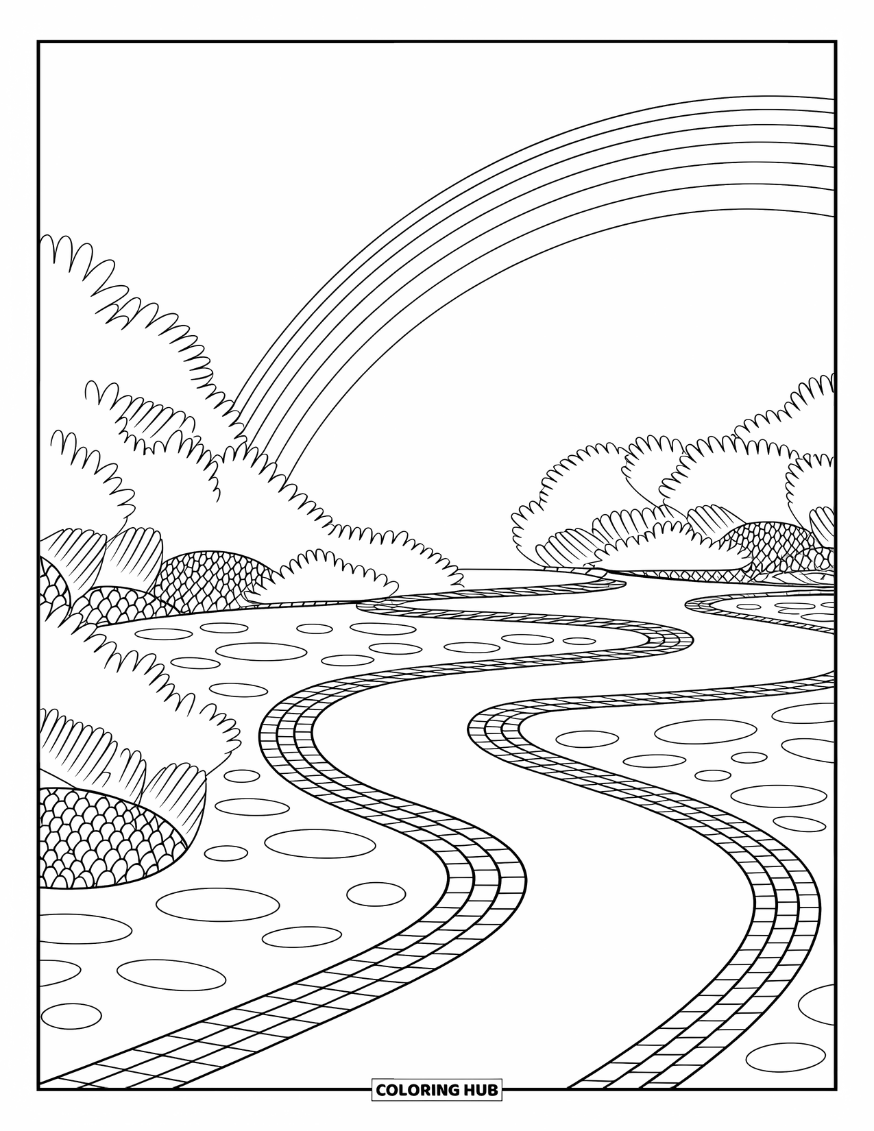 Desen de colorat cu curcubeu pentru adulți: O grădină Zen liniștită, cu cărări șerpuitoare și pietre netede, se odihnește sub un curcubeu delicat