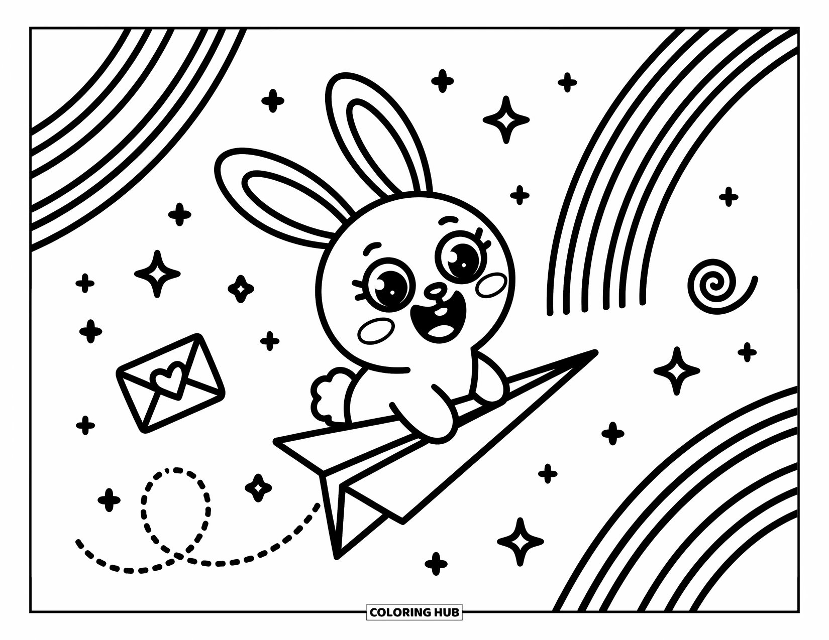 Desen de colorat cu curcubeu pentru adulți: Un iepuraș jucăuș zboară pe un avion de hârtie în timp ce stele și un plic plutitor plutesc în apropiere