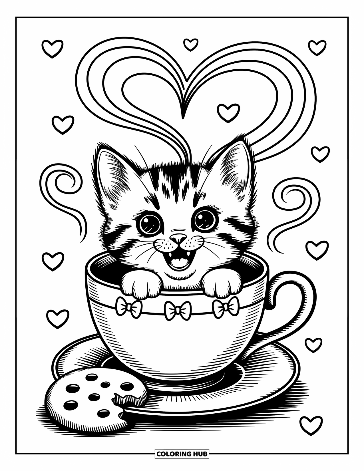 Desen de colorat cu curcubeu pentru adulți: Un pisoi jucăuș se uită dintr-o ceașcă de ceai în timp ce aburul se transformă într-o formă de curcubeu
