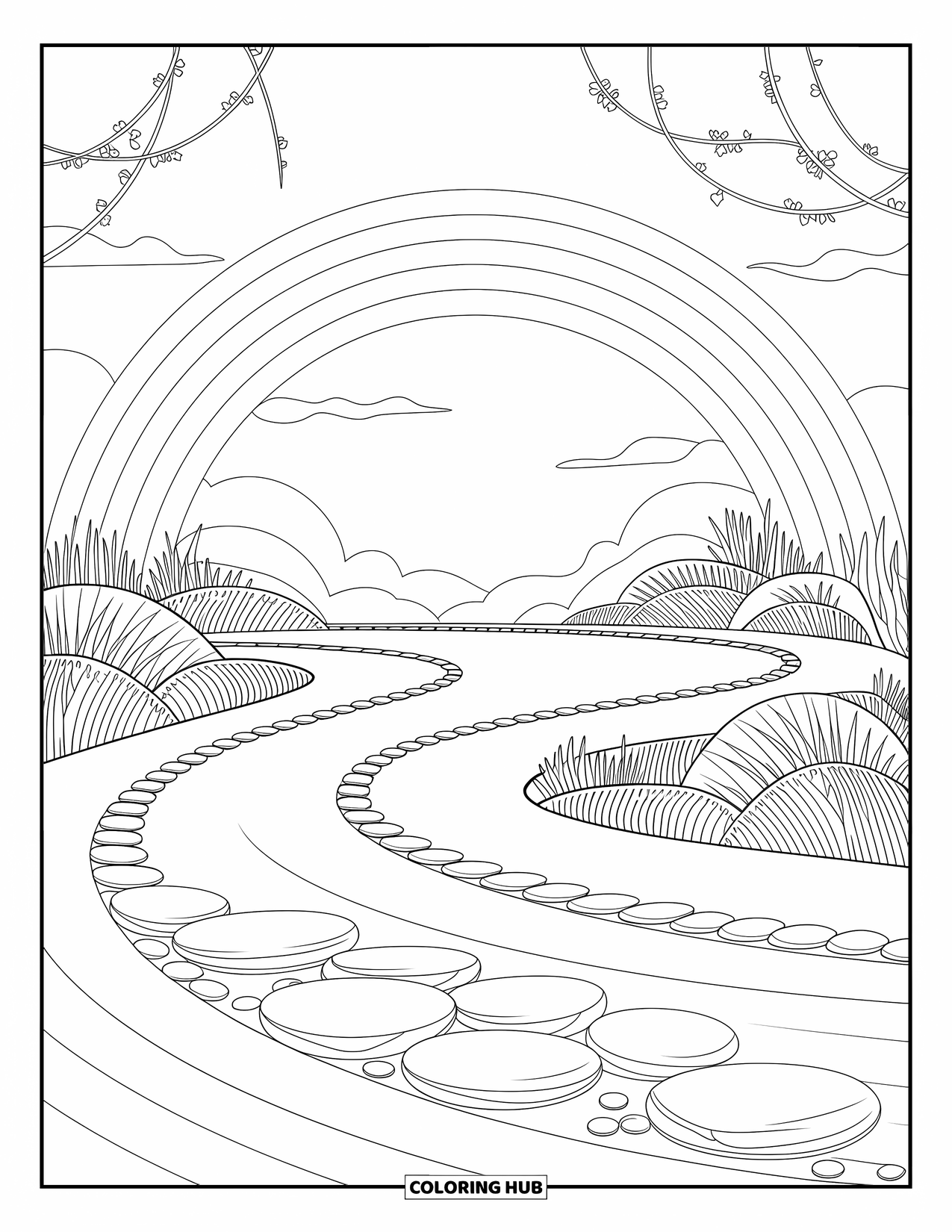 Desen de colorat cu curcubeu pentru adulți: O grădină Zen senină, cu pietre netede și modele rotitoare, se află sub un curcubeu grațios