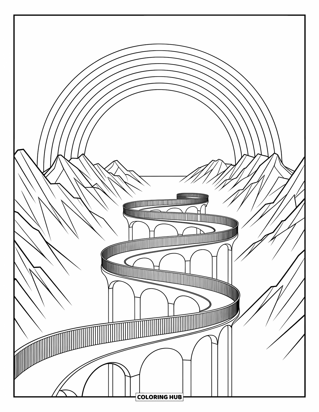 Desen de colorat cu curcubeu pentru adulți: Un peisaj suprarealist de munți plutitori și nori rotitori este iluminat de un curcubeu strălucitor
