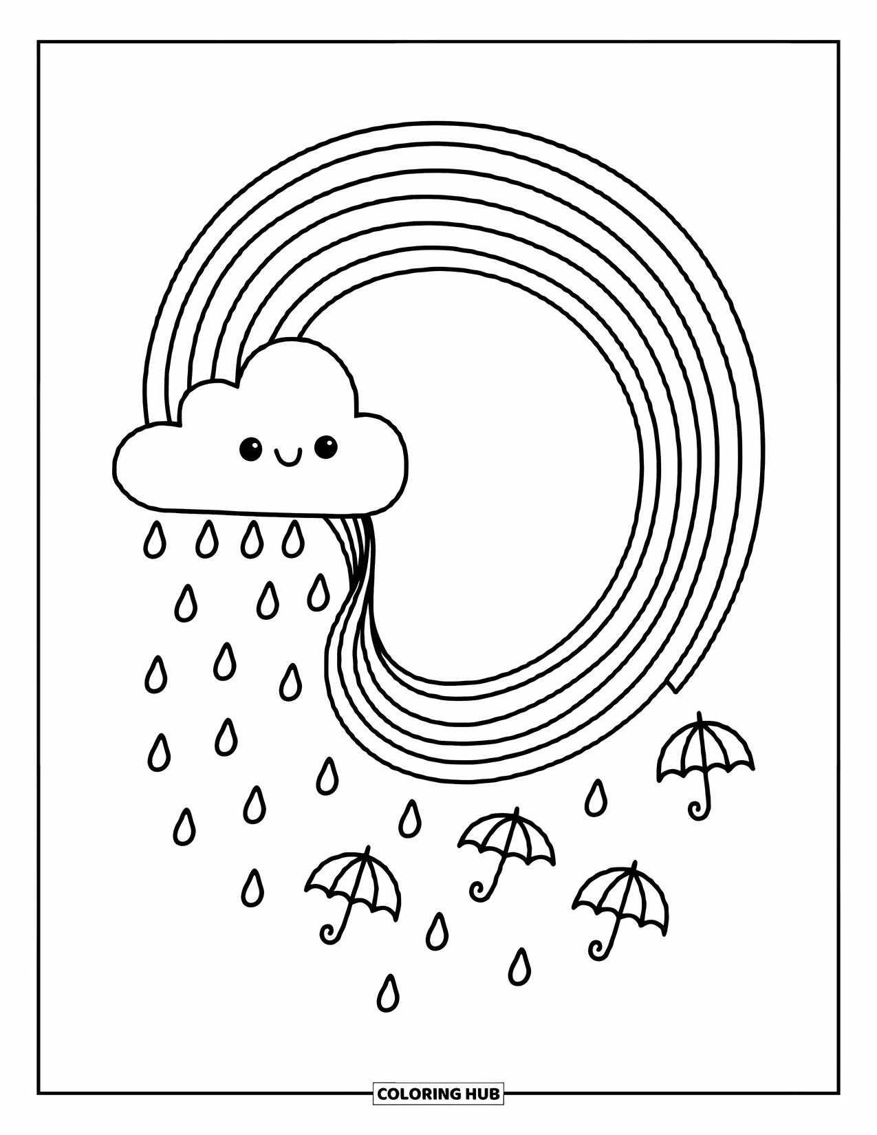 Desen de colorat cu curcubeu pentru adulți: Un nor mic suflă o briză blândă, formând o panglică spiralată curcubeu pe cer