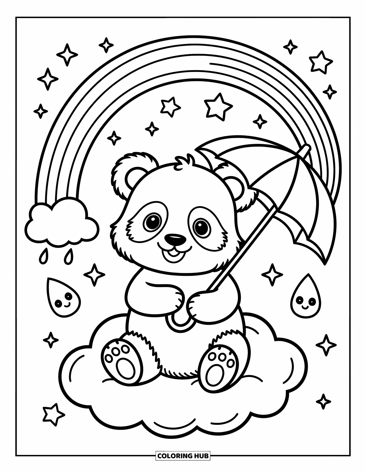 Desen de colorat cu curcubeu pentru adulți: Un panda mic se odihnește pe un nor cu o umbrelă mică, înconjurat de picături de ploaie zâmbitoare