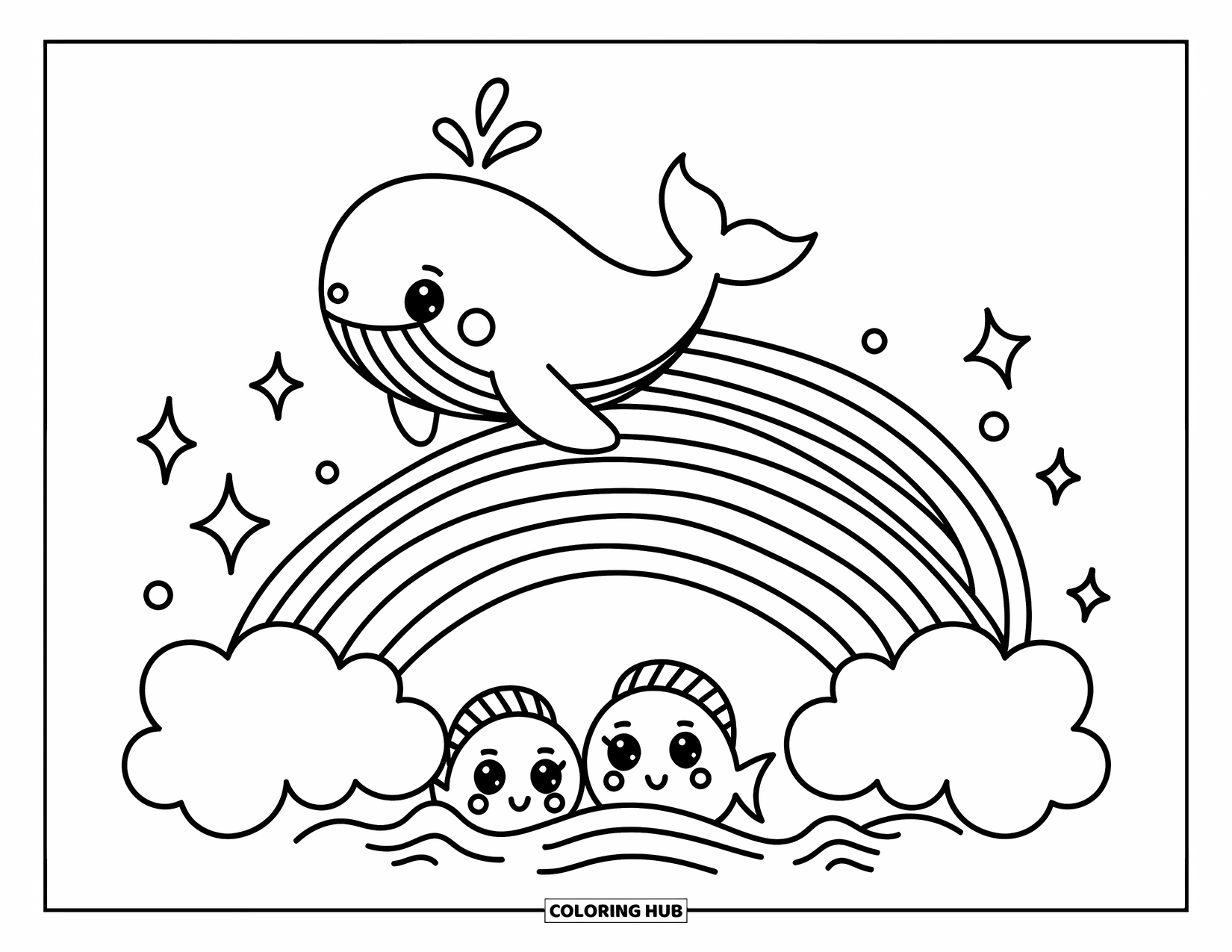 Desen de colorat cu curcubeu pentru adulți: O balenă mică sare peste un pod pufos curcubeu, lăsând o dâră de sclipici în urmă