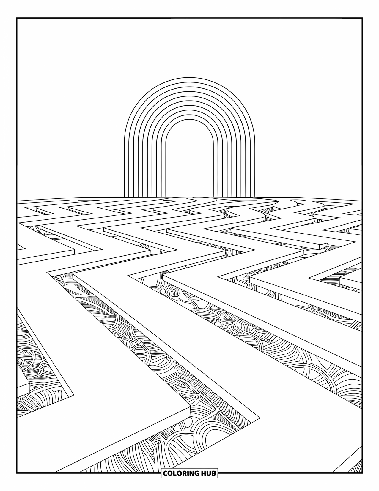 Desen de colorat cu curcubeu pentru adulți: Un labirint răsucit șerpuiește spre un portal îndepărtat, în formă de arc curcubeu strălucitor