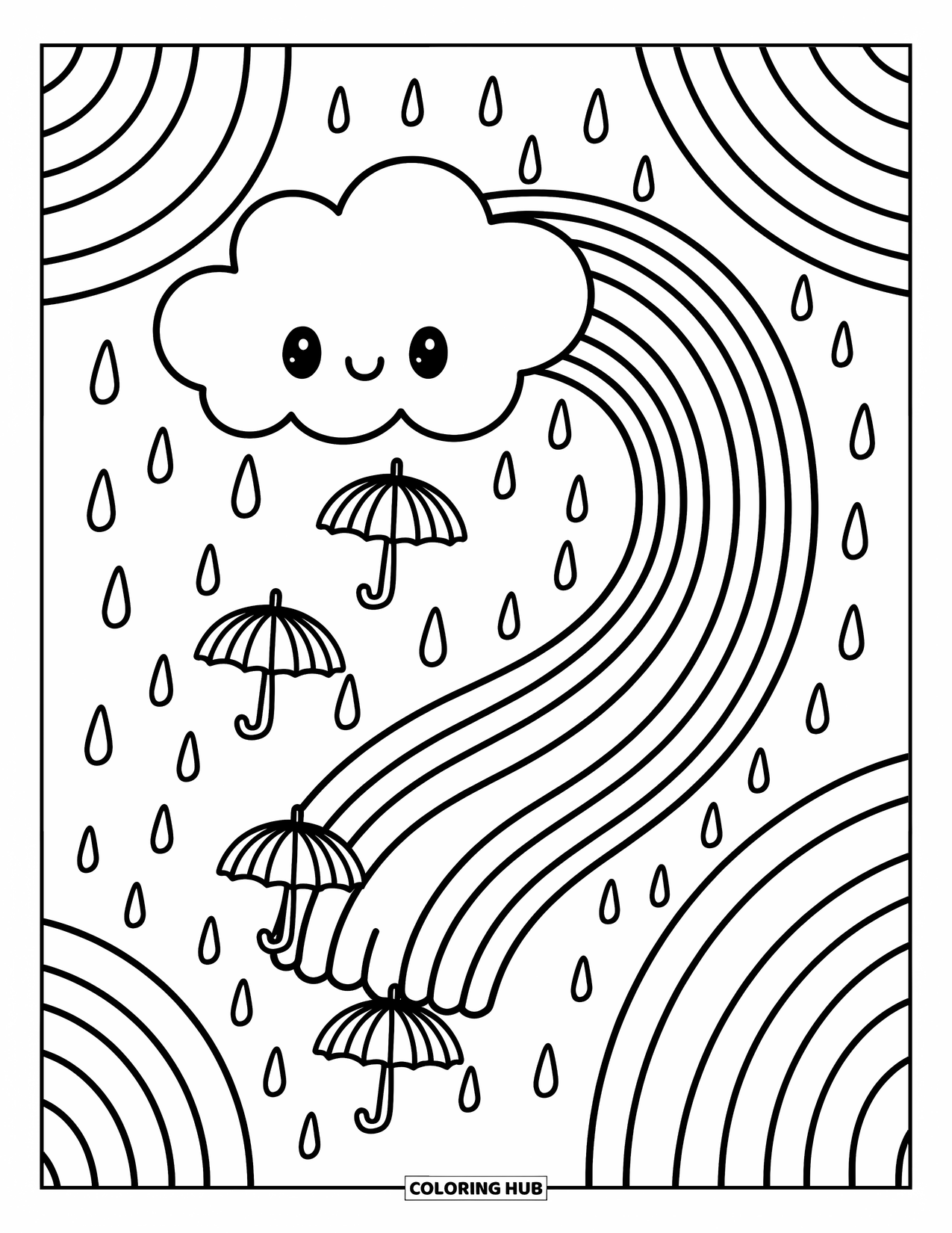Desen de colorat cu curcubeu pentru adulți: Un nor capricios trimite un curcubeu spiralat prin cer în timp ce picături de ploaie jucăușe plutesc ușor în jos
