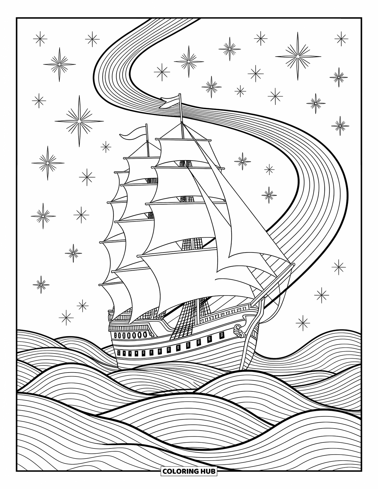 Desen de colorat cu curcubeu pentru adulți: O navă antică plutește prin spațiu, pânzele sale umflându-se în timp ce urmează un curs luminat de curcubeu