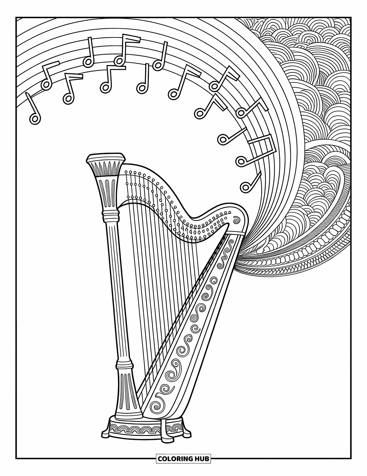 Desen de colorat cu curcubeu pentru adulți: O harpă fermecată, cu vițe rotitoare, creează un arc curcubeu delicat deasupra