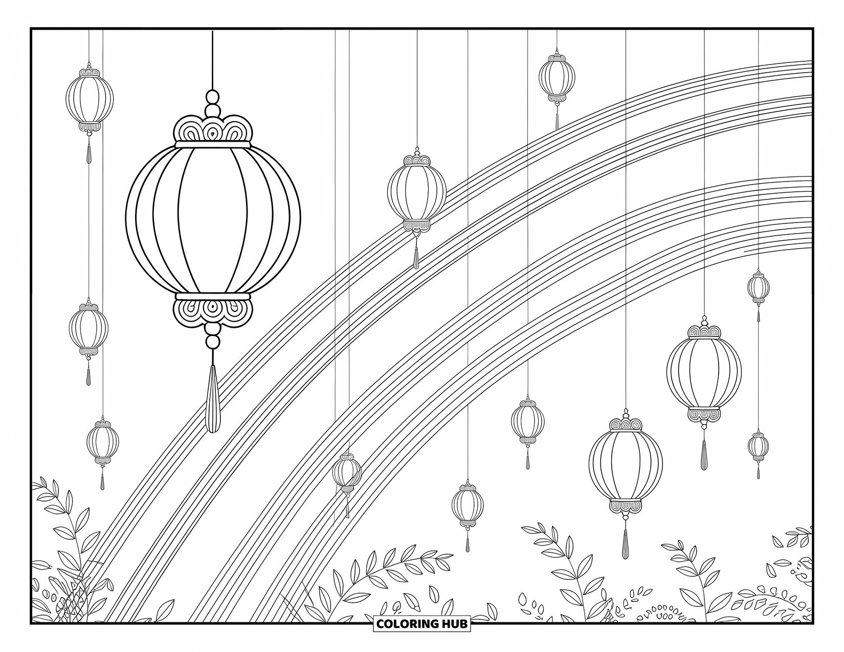 Desen de colorat cu curcubeu pentru adulți: Felinare delicate se înalță, lăsând în urmă cărări curcubeu rotitoare, încadrate de modele elegante