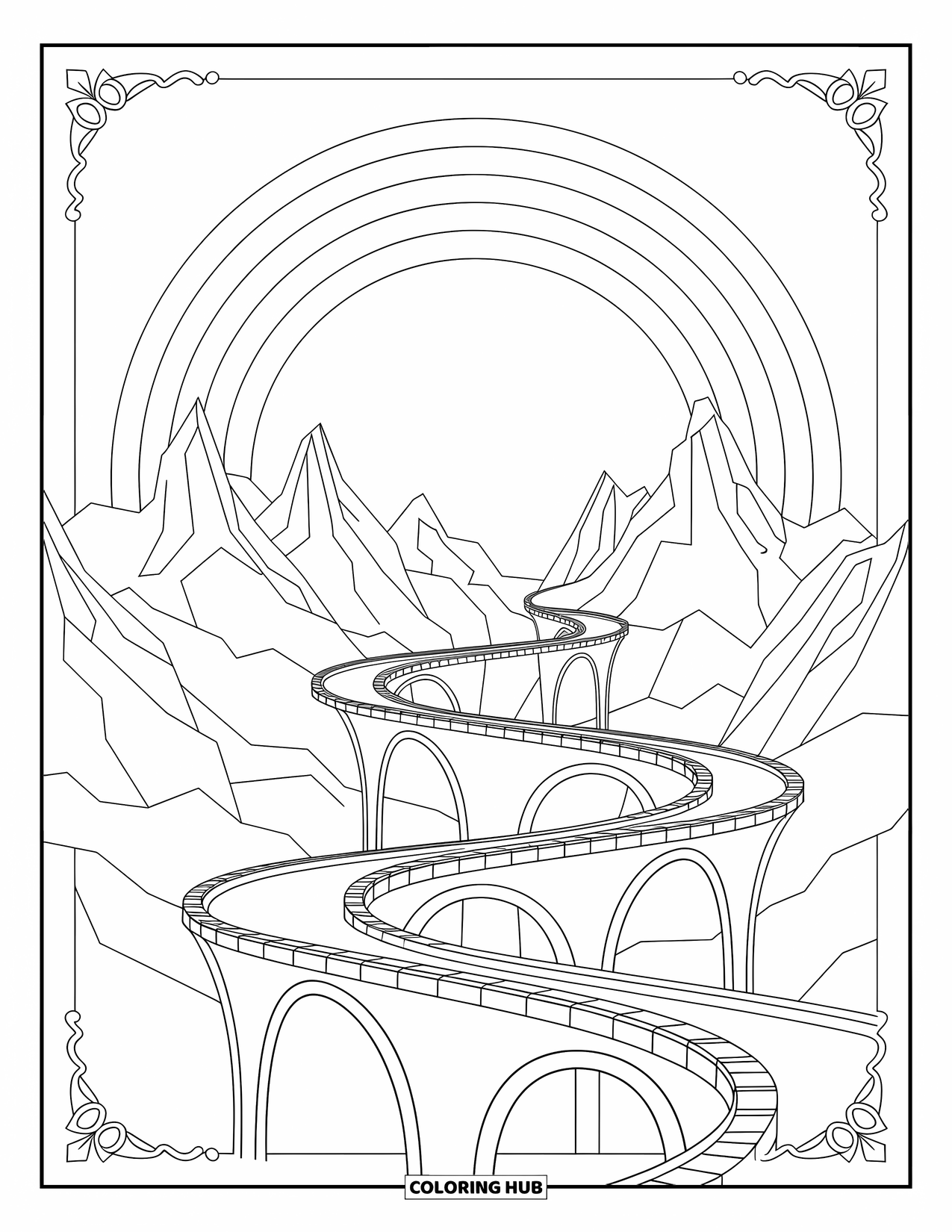 Desen de colorat cu curcubeu pentru adulți: Munți plutitori conectați prin poduri delicate se întind sub un curcubeu arcuit grațios