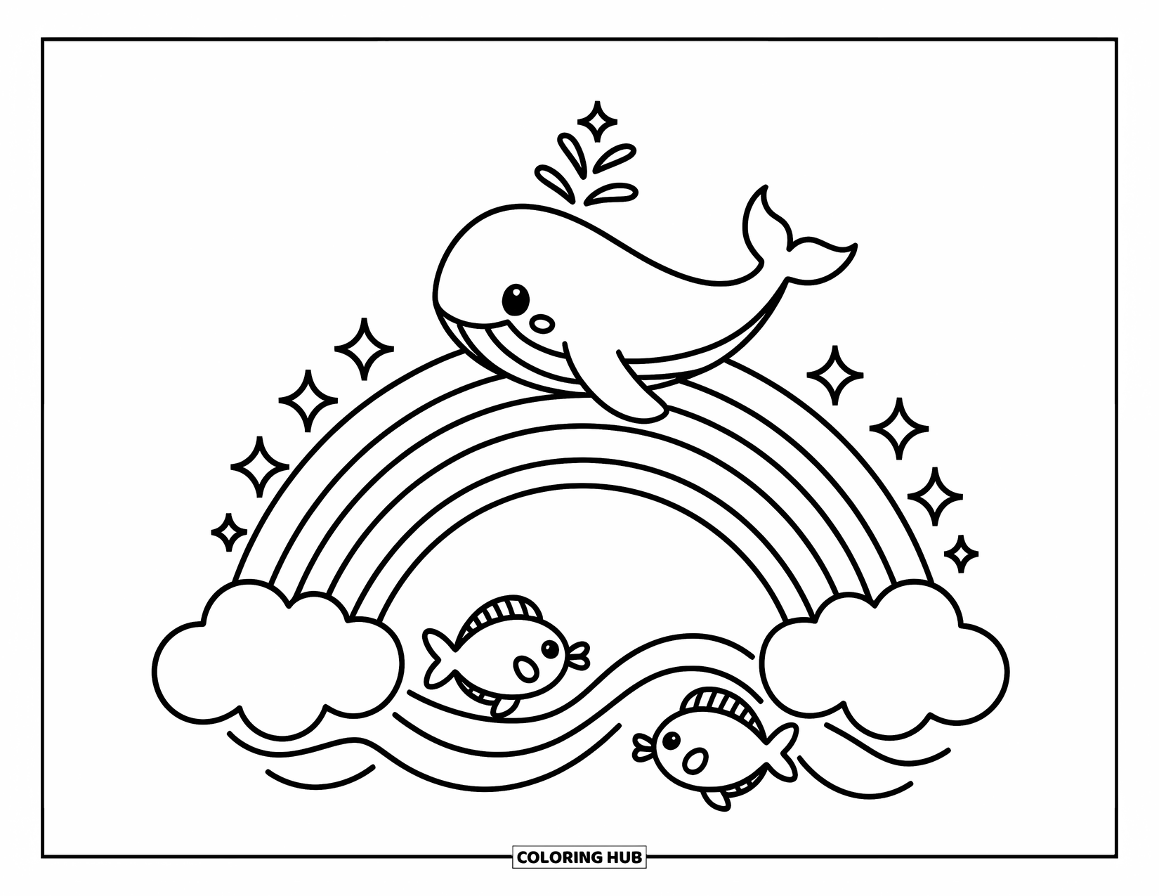 Desen de colorat cu curcubeu pentru adulți: Pești jucăuși se uită deasupra valurilor blânde în timp ce o balenă bucuroasă sare peste un pod curcubeu