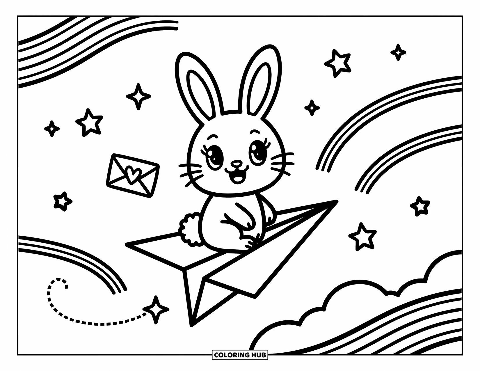 Desen de colorat cu curcubeu pentru adulți: Stele mici și un plic sigilat cu inimă plutesc lângă un iepuraș care alunecă pe un avion de hârtie