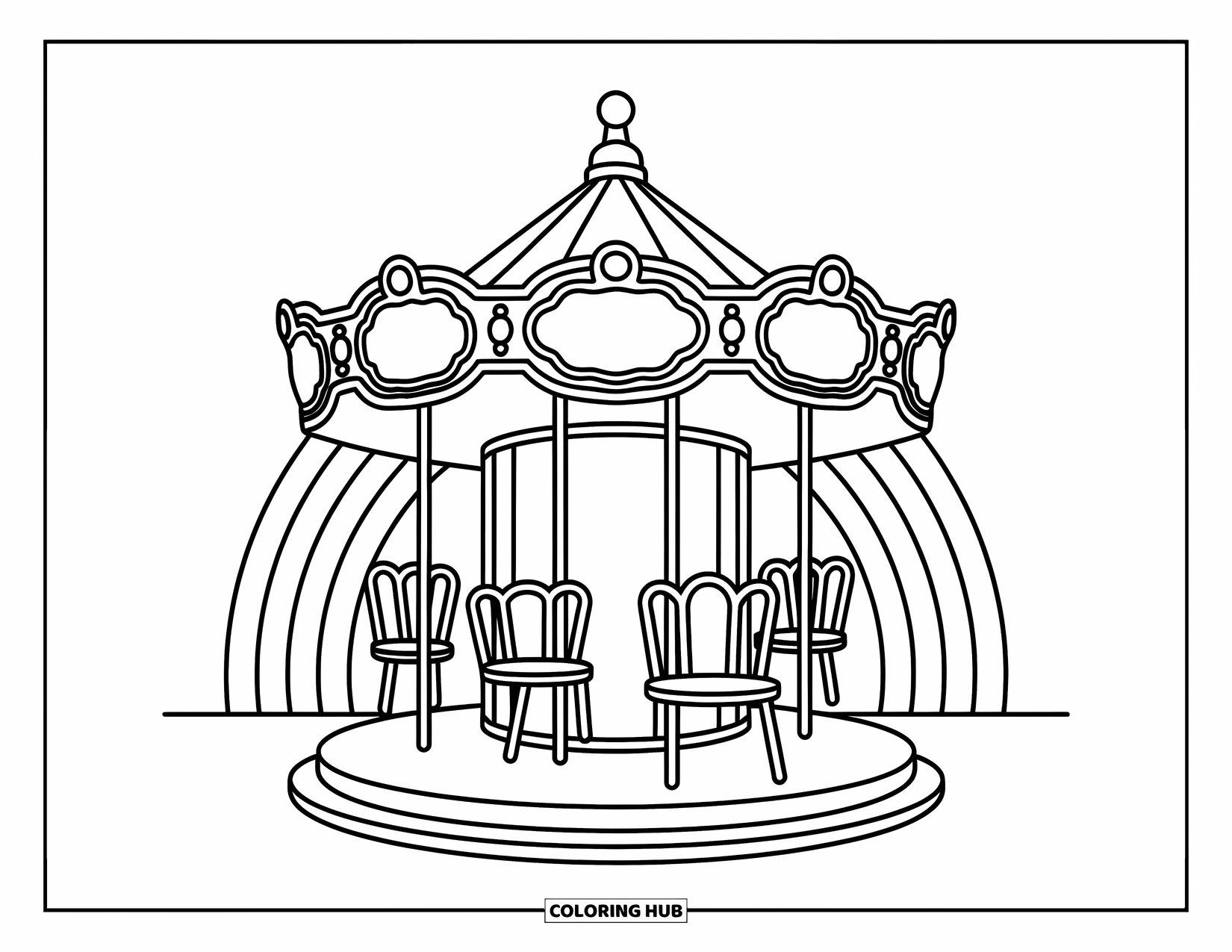 Desen de colorat cu curcubeu pentru copii: Un carusel frumos proiectat stă falnic, încadrat de un curcubeu dramatic și curgător