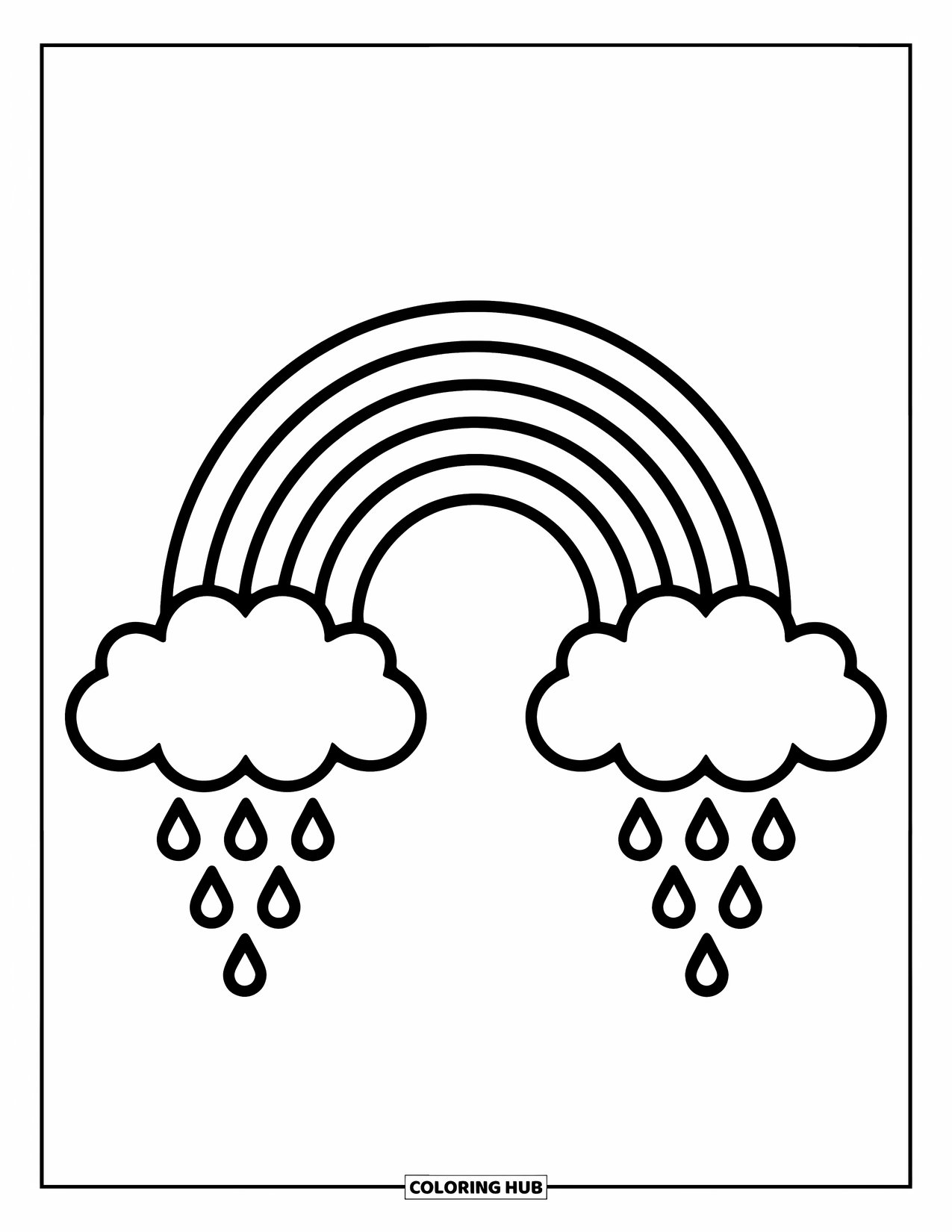 Desen de colorat cu curcubeu pentru copii: Un curcubeu îndrăzneț se întinde peste doi nori pufoși, cu câțiva stropi de ploaie căzând dedesubt