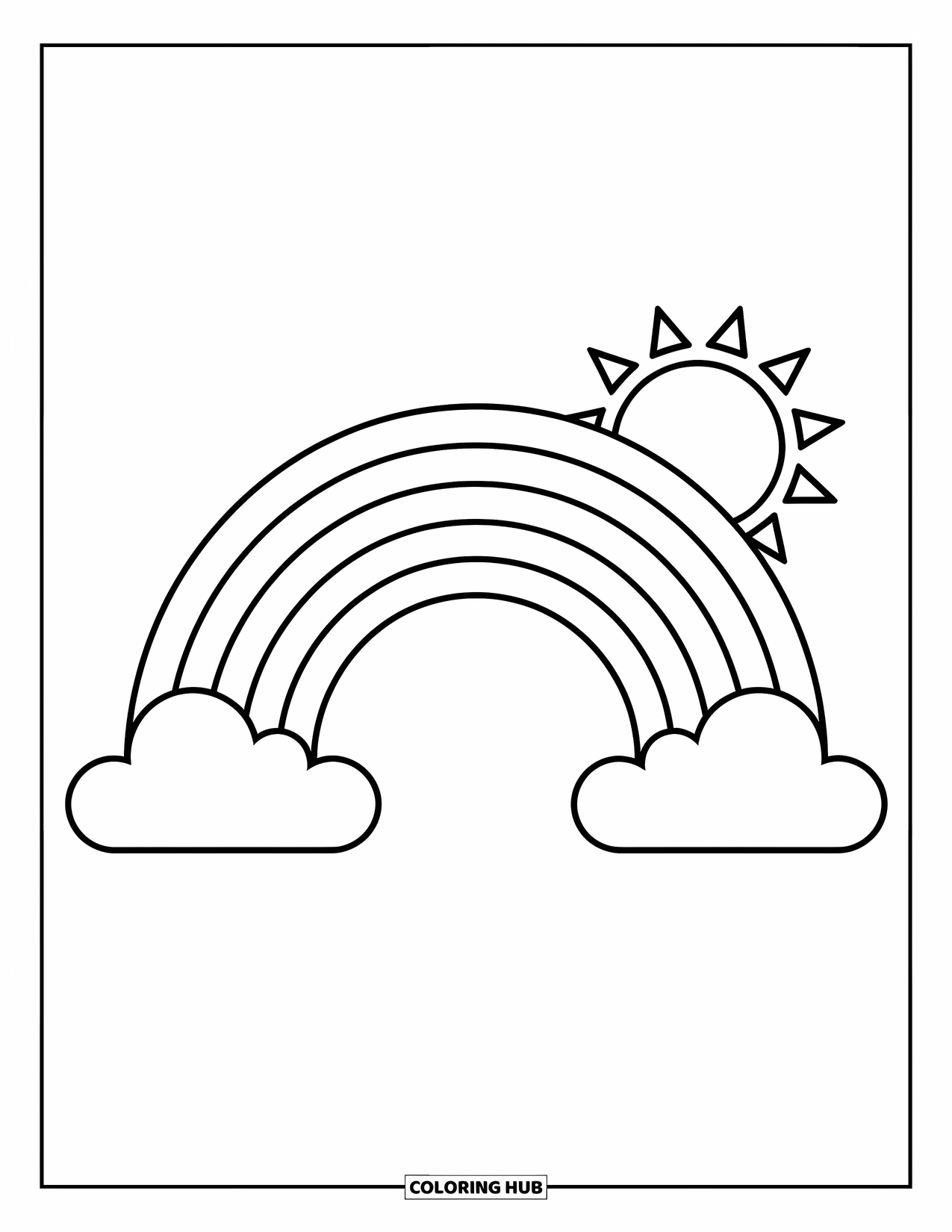 Desen de colorat cu curcubeu pentru copii: Un curcubeu luminos se arcuiește pe cer, cu soarele zărindu-se de după un nor pufos