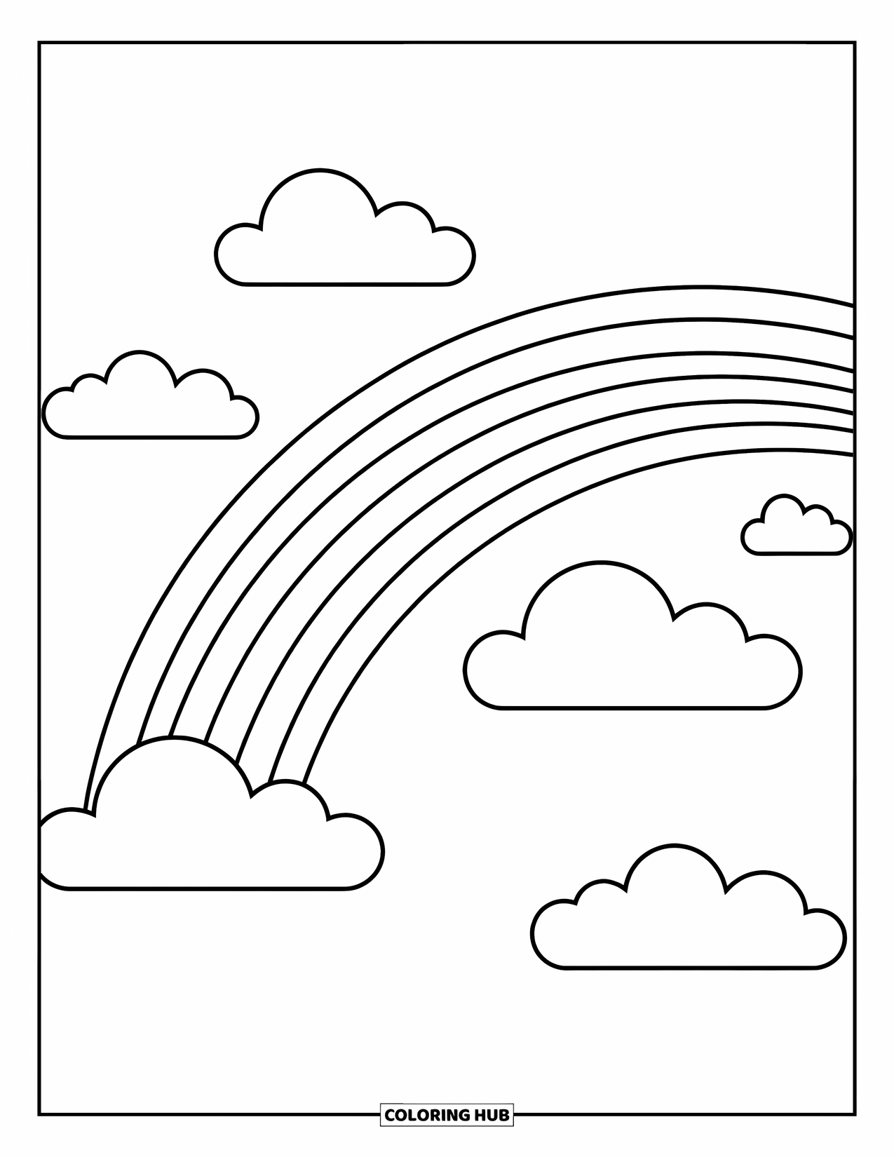 Desen de colorat cu curcubeu pentru copii: Un curcubeu strălucitor se arcuiește între nori pufoși, creând o scenă cerească fantastică