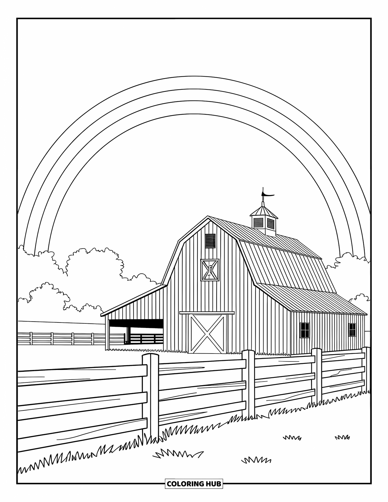 Desen de colorat cu curcubeu pentru copii: O fermă fermecătoare, cu un hambar rustic și un gard de lemn, se află sub un curcubeu larg